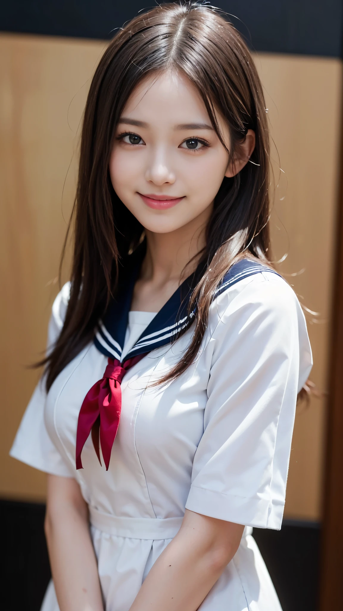 ((highest quality、masterpiece、High resolution))、(((Zoom photo of upper body)))、(A shy smile:1.2)、One 15-year-old female、Beautiful Skin、Beautiful Eyes、Large Breasts、Sailor suit、Black Hair、Straight Hair、Trimmed bangs