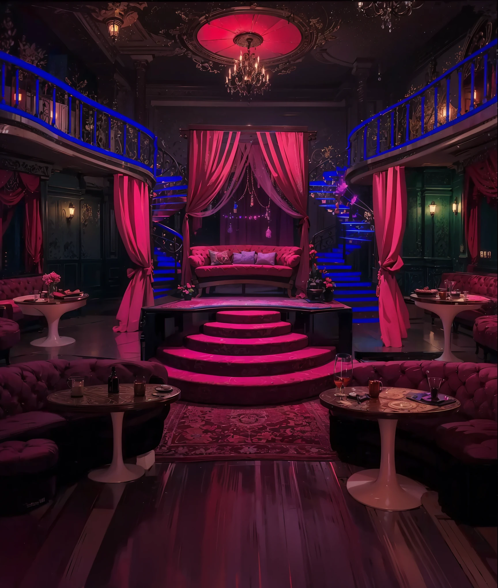 The interior of the Taboo themed nightclub. The interior is made in boudoir style with black, lilac or cherry shades. The room is two-story, so you also need to add a spiral staircase that will be hardly noticeable from the outside. As extras, use people in evening dresses with masks on their faces. Private sofas with a table are draped with translucent fabrics. The lilac-colored walls are covered with velvet