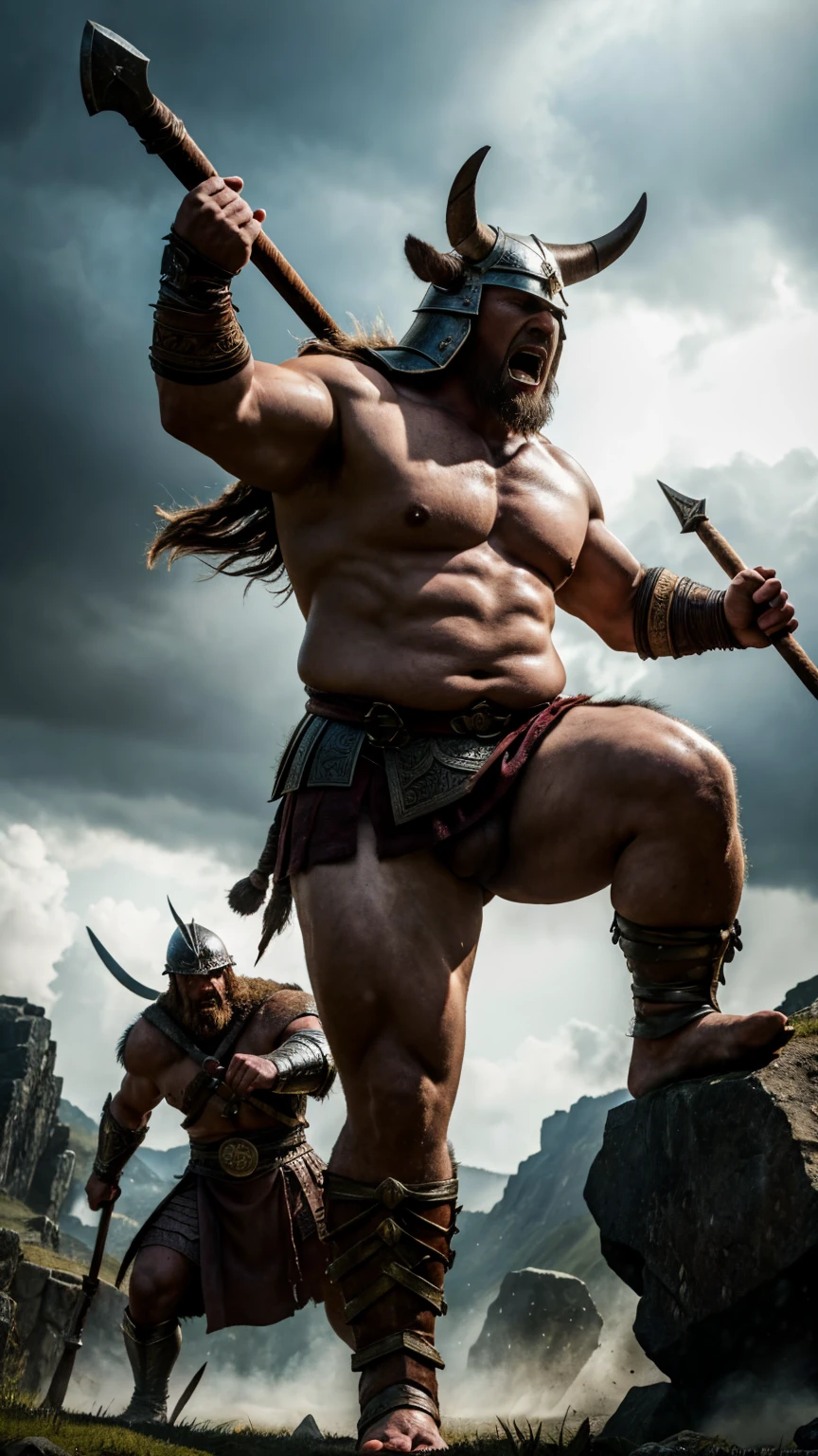 a robust build barbarian, mid combat, He is a ferocious fat barbarian, leather armor, viking helmet, armored short skirt, holding a double edged ancient legendary axe, legs exposed from thighs to feet, (best quality, photo-realistic:1.37), ultra-detailed, Viking War Axes, fierce warriors, ancient battlefields, epic showdown, intense power, historical warfare, dramatic lighting, mystical aura, mythical battlegrounds, legendary struggle, heroic champions, fearless warriors, battle cry, triumph and glory, immersive atmosphere, epic combat, awe-inspiring scene, mythical warriors, ancient Norse, cinematic composition, intense energy, mythical heroes, fierce determination, breathtaking action, dynamic poses, monumental clash, mythical realms, mythical strength, ((ultra sharp)), ((masterpiece)), ((best quality)), ((ultra detailed)), ((intricate details)), Inguinal region detailed,