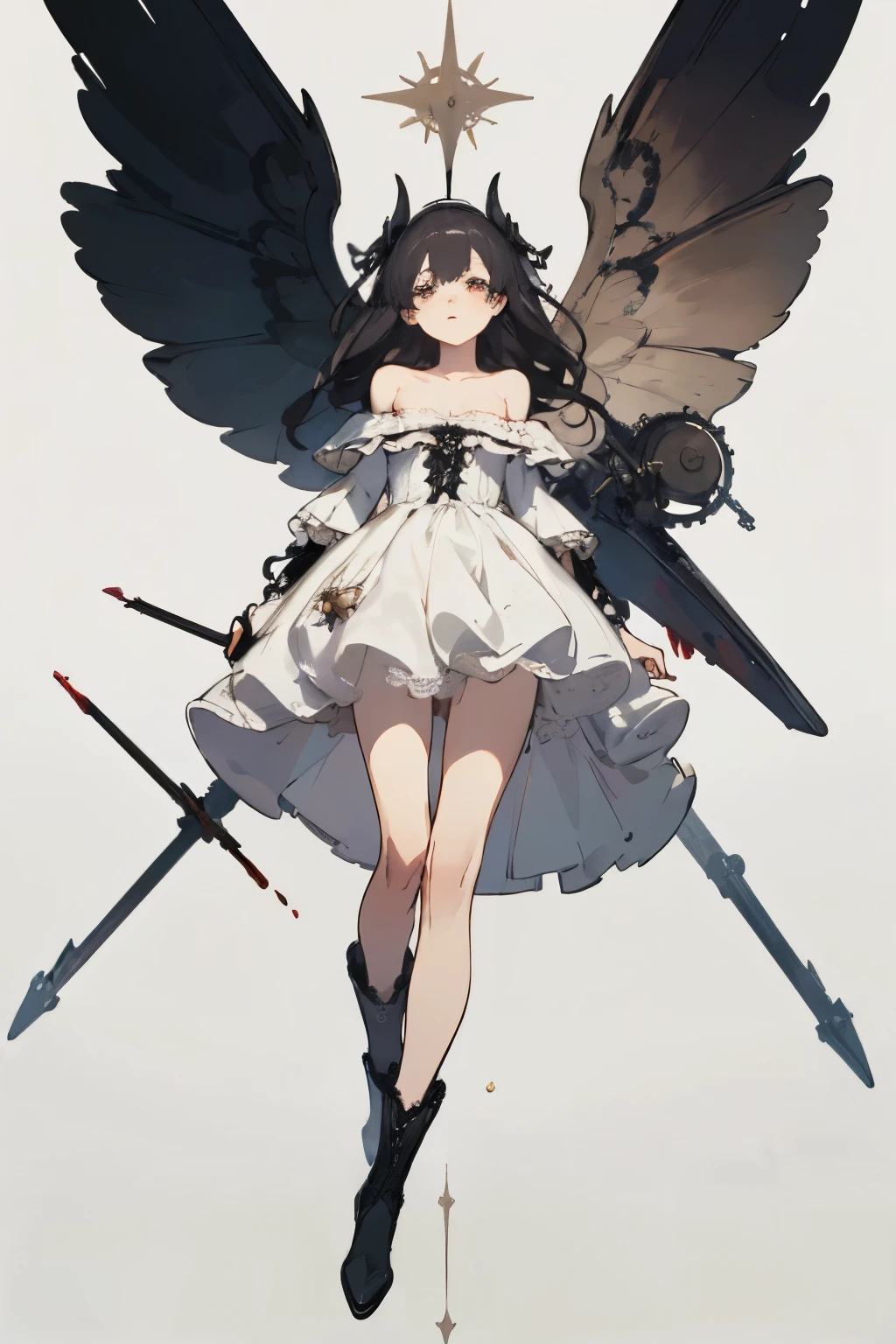 ((best quality)), ((masterpiece)), (detailed), 1girl, off-shoulder, blank white background, plain background, white background, red and white clothing, Bloodborne inspired, occult aesthetic, occult, detailed and intricate steampunk and detailed gothic, NSFW, Very dramatic and cinematic lighting, cosmic horror, grim-dark, side-lighting, perfect face, NSFW, Fluttering lace flared long knee length dress with frilly petticoats, knee length dress, pleated petticoats, lolita dress, petticoats gothic lolita, complex lace boots, side-lighting, gothic lolita aesthetic, wielding a mighty sword with mechanical components, various different types of insect wings, NSFW, full body, whole body, body, plain background, white background, blank background, no background, white background NSFW, chains, full body, whole body, head-to-toe NSFW