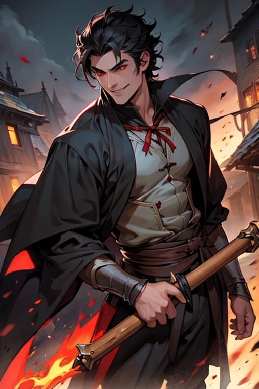 A handsome smiling vampire hunter with bow in medieval times with red eyes and short black hair