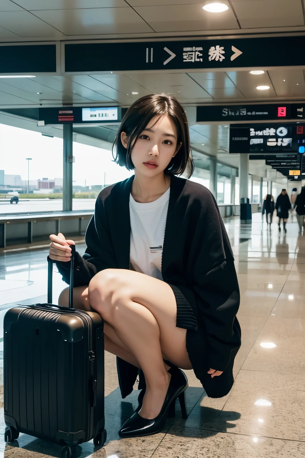 Woman sitting on the floor with suitcase on her knees, Airport Background, In a suitcase, promo shot, Photo shoot, kiko mizuhara, produce: Hiroyuki Tajima, produce: Nishida Shun'ei, Gemma Chen, ticker, Zia, Lulu Chen, Nakamura Naodo(Naondo Nakamura), by Ayami Kojima, Mixed art, by Tadashi Nakayama, Rainy