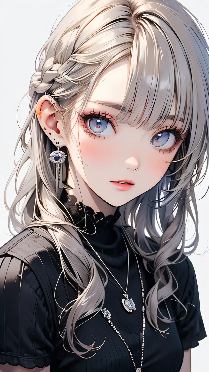 (highest quality, masterpiece), One girl, beautiful girl, Brown_eye, ((hair color [Silver hair], [Pixie cut with front hair] hair)), Earrings, lips, Short sleeve,Realistic, Tight waist, Charm, Colorful Makeup, Long eyelashes, Fair skin, (cute), (Detailed face), Detailed eye, Detailed iris, 