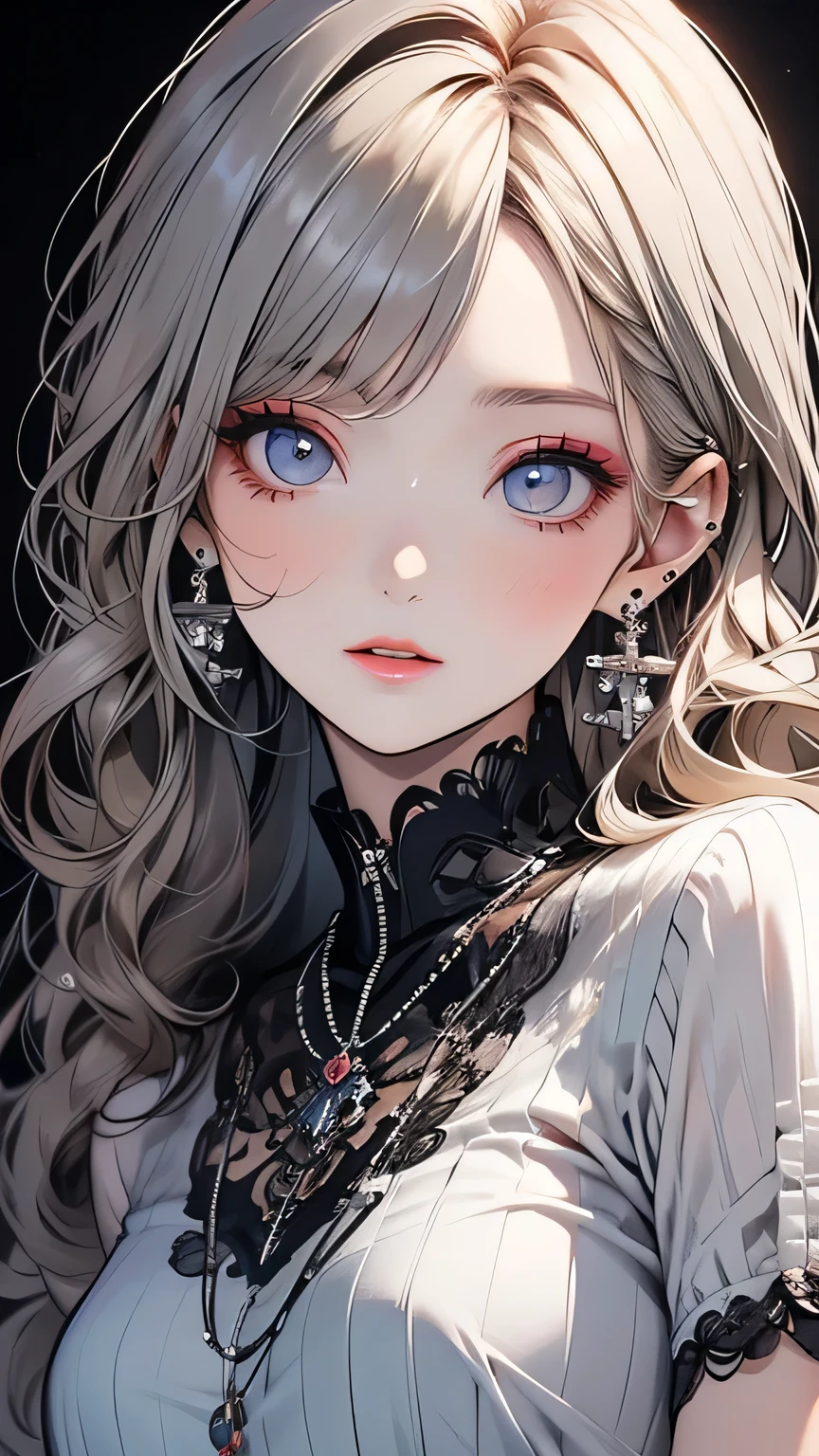 (highest quality, masterpiece), One girl, beautiful girl, Brown_eye, ((hair color [Silver hair], [Pixie cut with front hair] hair)), Earrings, lips, Short sleeve,Realistic, Tight waist, Charm, Colorful Makeup, Long eyelashes, Fair skin, (cute), (Detailed face), Detailed eye, Detailed iris, 