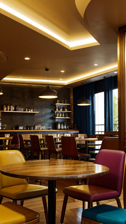 The interior of a café, with tables, chairs and decorative elements intermingling in a colorful swirl of golden highlights.