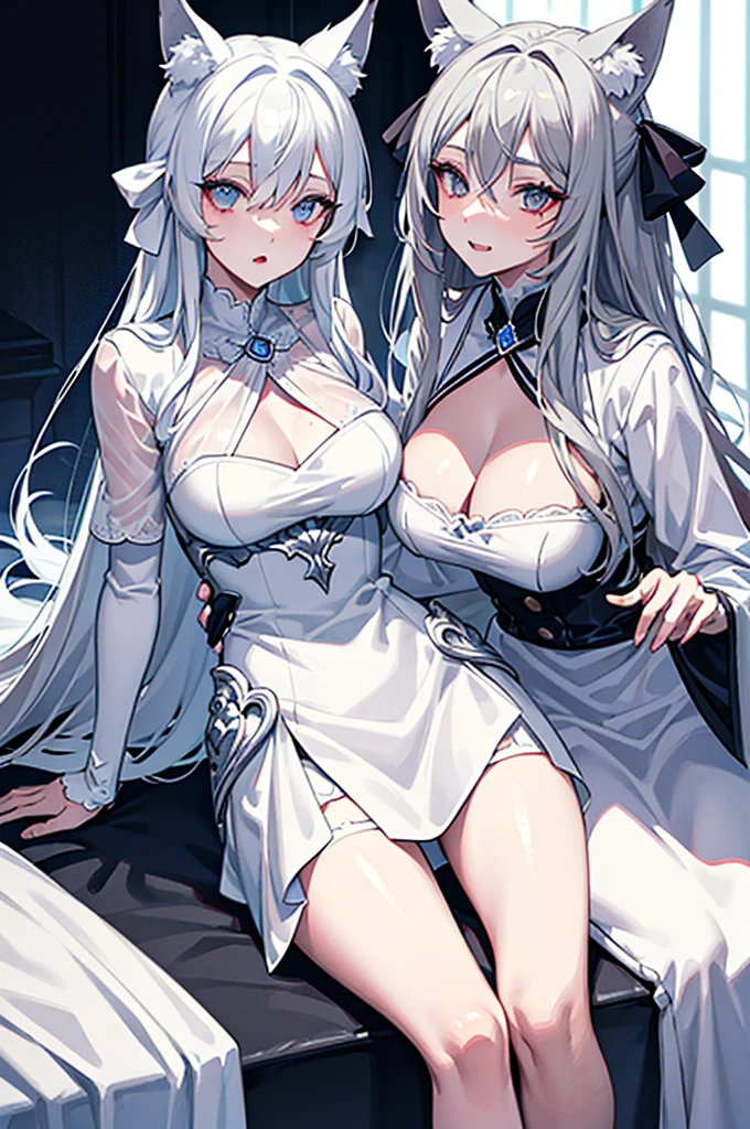 best qualtiy,tmasterpiece,The is very detailed,4K,Gray hair and shallow eyes,Drag cool expressions,Wolf ears,Erect scar on the left eye,British style,1girl,Absolutely beautiful, big bust, white costume, ear ribbon