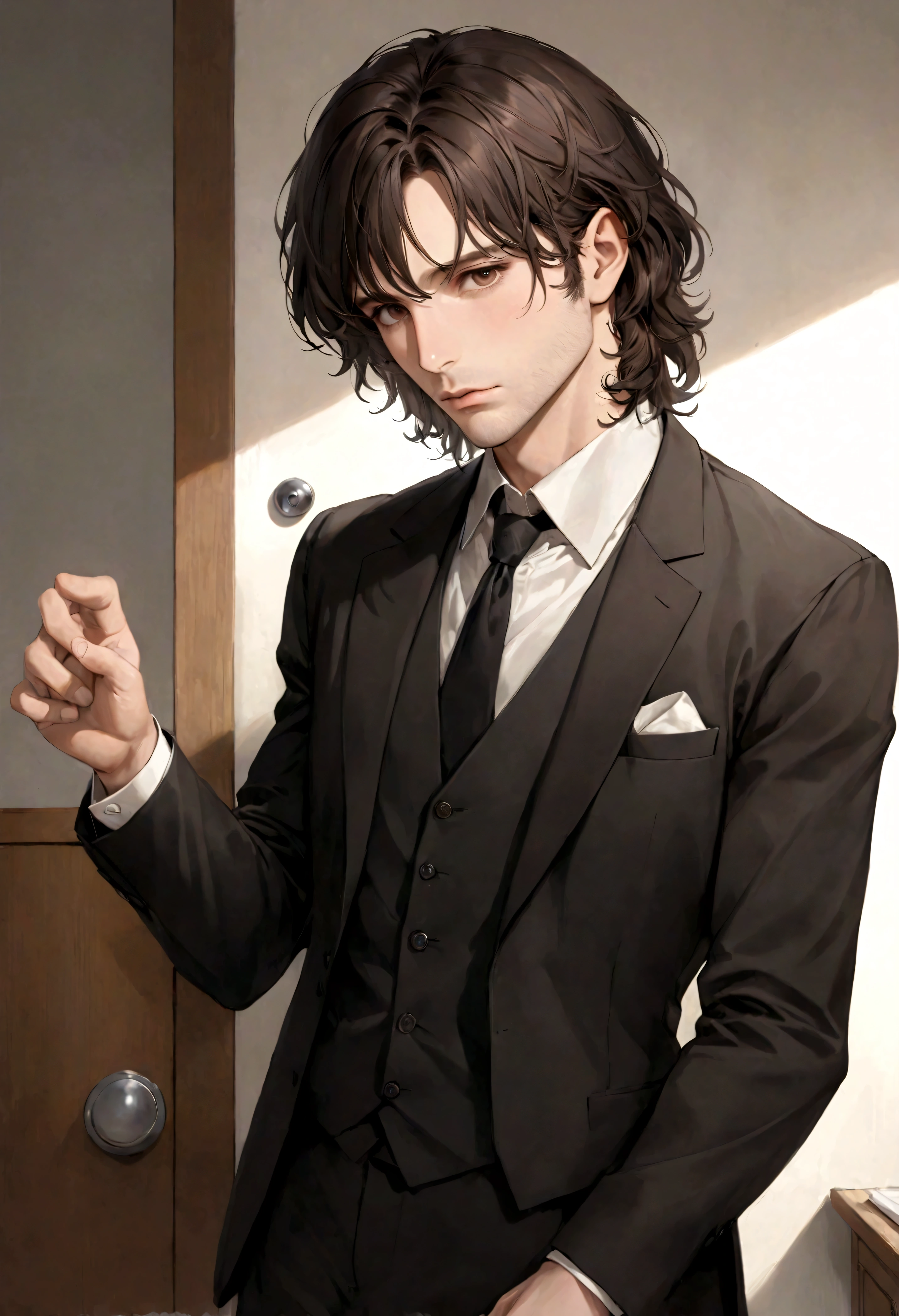 (traje de etiqueta para hombre), ), (con poca barba,) (ojos color cafe claro), Aspecto atractivo y serio, Dark brown hair, Elegante y con estilo, Un hombre similar al actor Jim Morrison, (Imagen realista y de alta calidad), Apartamento escandinavo en el fondo estilo estudio, ((La mejor calidad, 8K, obra maestra).((dynamic pose))