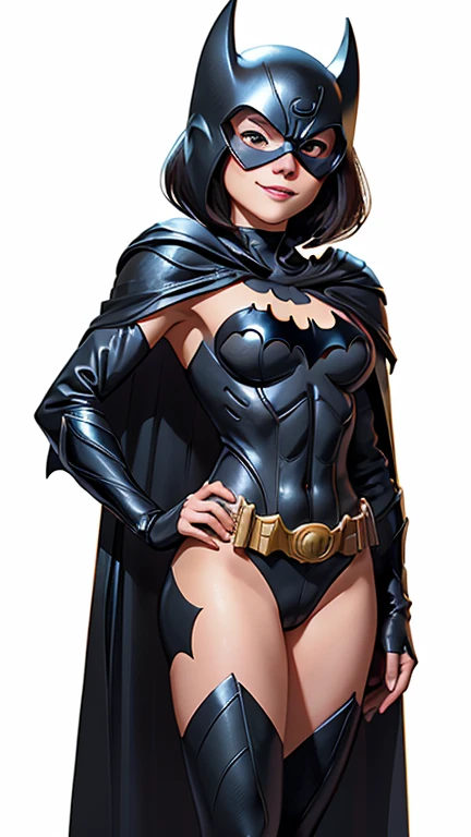 (highest quality, masterpiece, High resolution)、4K Anime Art、(1 beautiful Japan woman、20-year-old)、(cowboy_shot、Natural standing posture、)、 (Detailed depiction of a beautiful face)、Happy smile、Small breasts、(black helmet)、(Black domino mask),  (Long Black Cape),  Medium Long Hair、Bobcut、 (Batman costume)、(Blank background)、((White Background))、