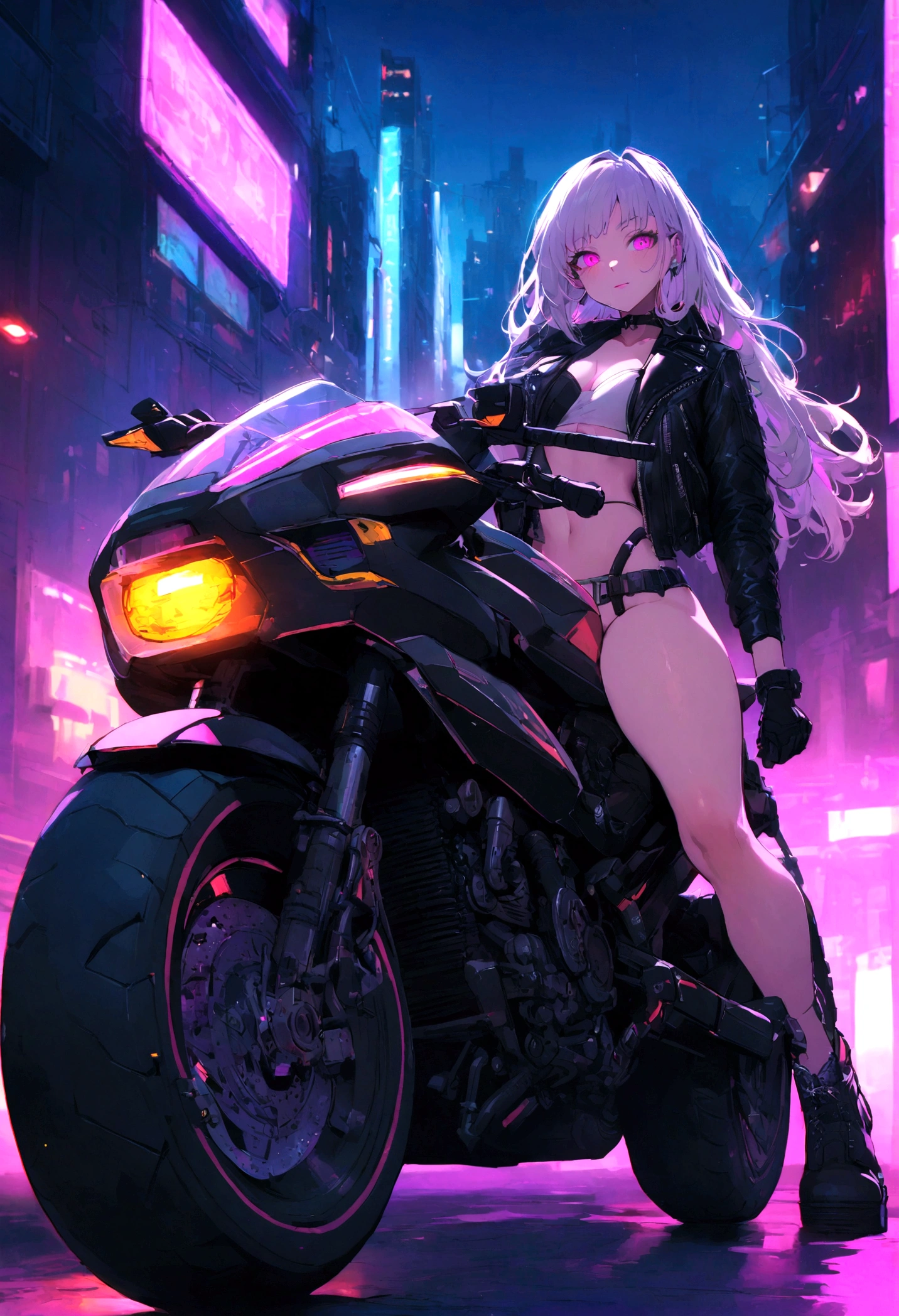 highest quality、Masterpiece、Official Art、16K、The best composition、The best light source、Super detailed、super beautiful、Super detailedな目、A futuristic couple riding a motorcycle, the girl is sitting behind the boy and hugging him from behind with her arms around his stomach、The bike is futuristic and purple neon、Boys have gray hair、The picture frame is a fractal art of wisteria trellis and the purple LED joint lighting creates a fantastic effect、