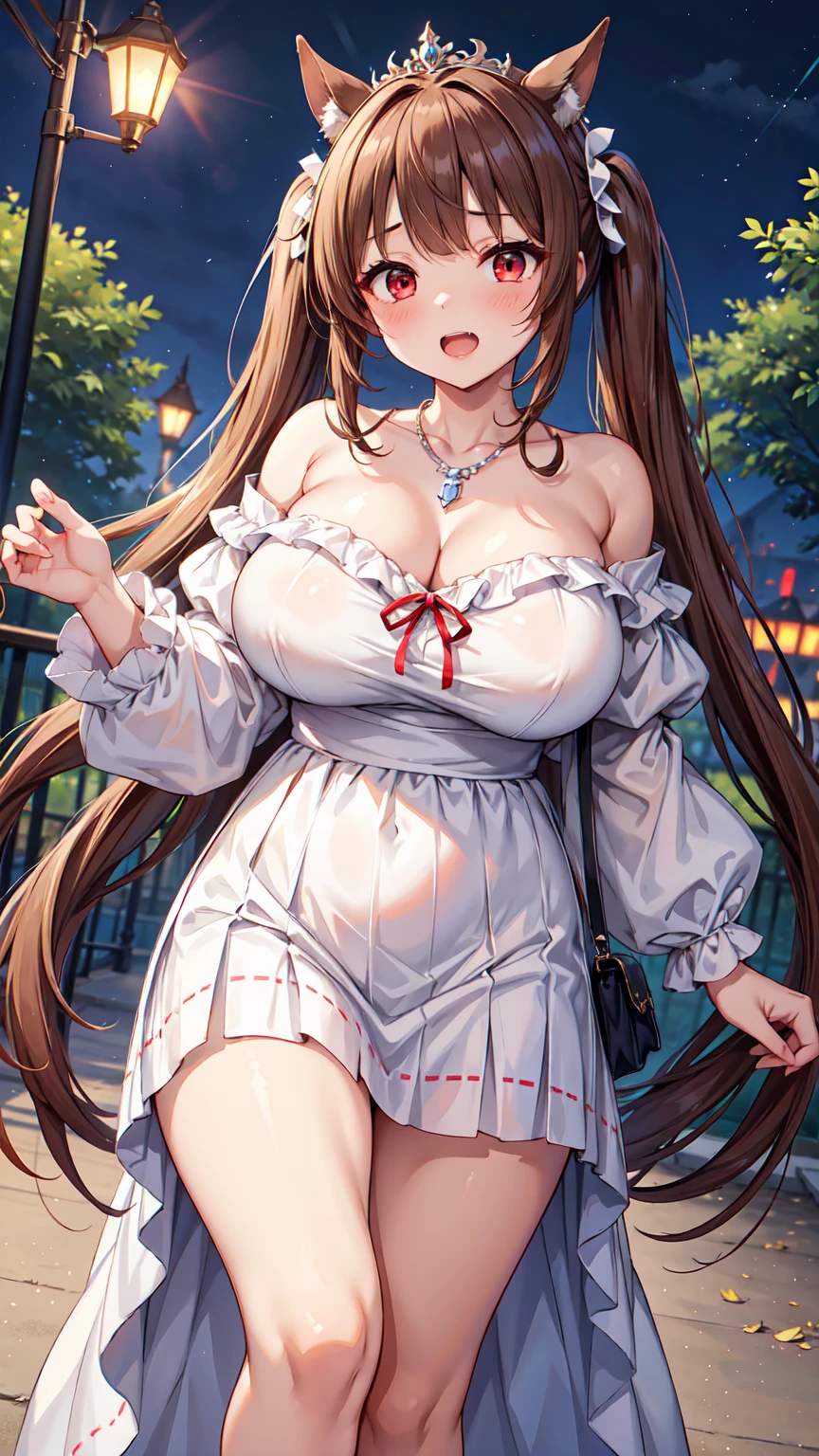 fat woman、huge breasts、Horse ears、brown hair、very long twintail、sexy red eyes、Double teeth、necklace、tiara、White off-shoulder、Blue and white checkered long skirt、Walk in the park at night