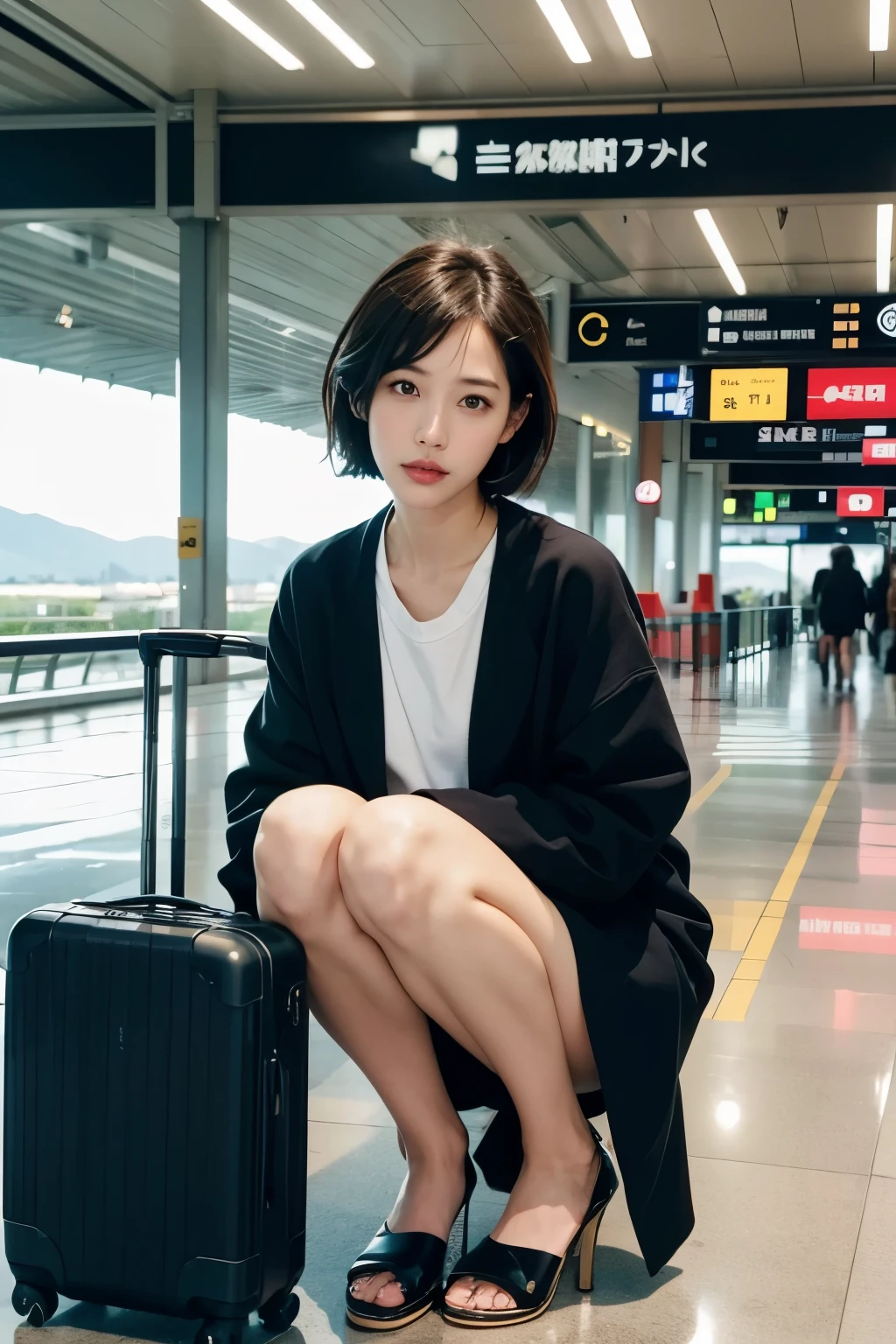 Woman sitting on the floor with suitcase on her knees, Airport Background, In a suitcase, promo shot, Photo shoot, kiko mizuhara, produce: Hiroyuki Tajima, produce: Nishida Shun'ei, Gemma Chen, ticker, Zia, Lulu Chen, Nakamura Naodo(Naondo Nakamura), by Ayami Kojima, Mixed art, by Tadashi Nakayama, Rainy