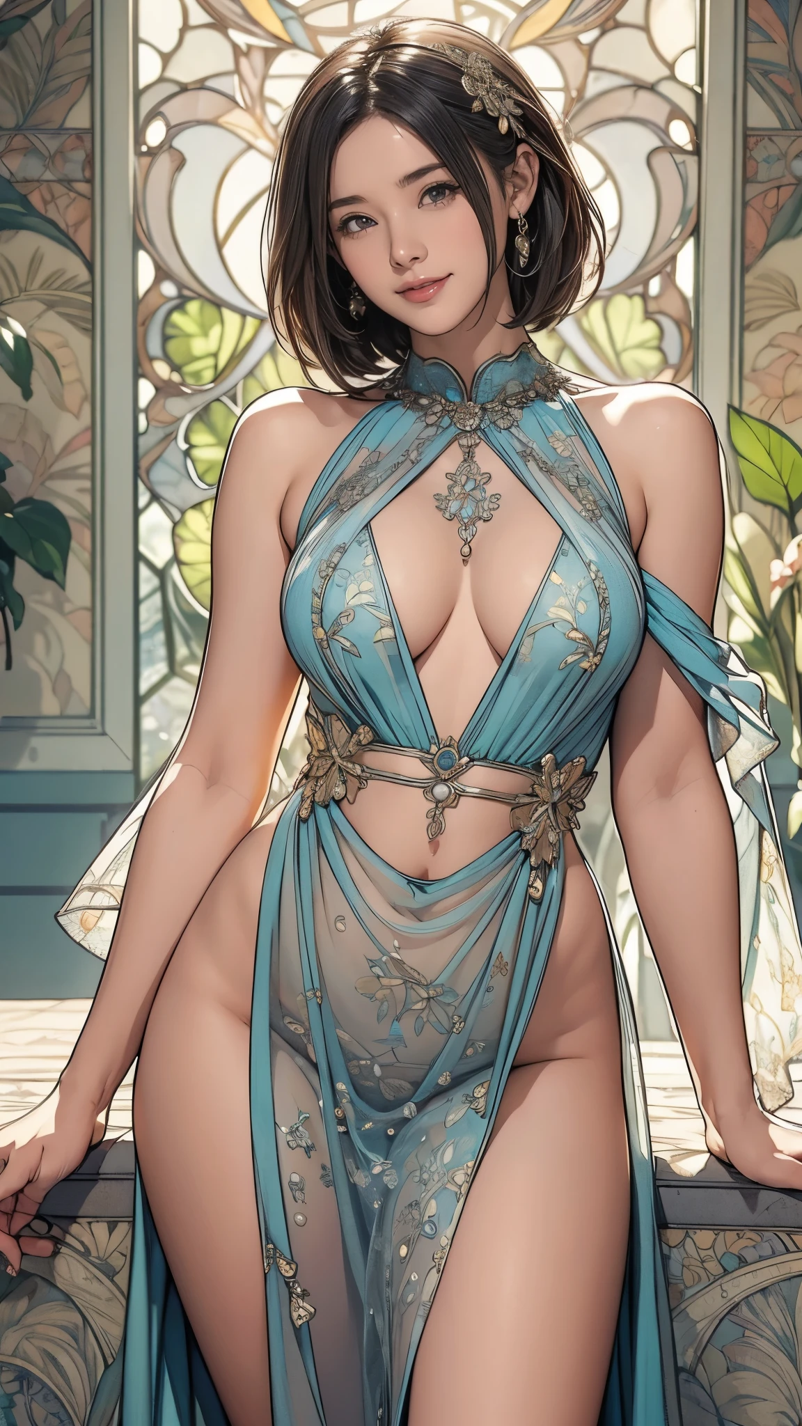 (masterpiece),(highest quality),(Very detailed),(High resolution),8k,wallpaper,soft-edged,1 girl,Beautiful female hands,Careful drawing of hands,The goddess of sexuality stands,Short Bob,Big Breasts,front,Looking at me,Sexy smile,See-through dress,loincloth,Intricate Mucha-inspired designs and patterns