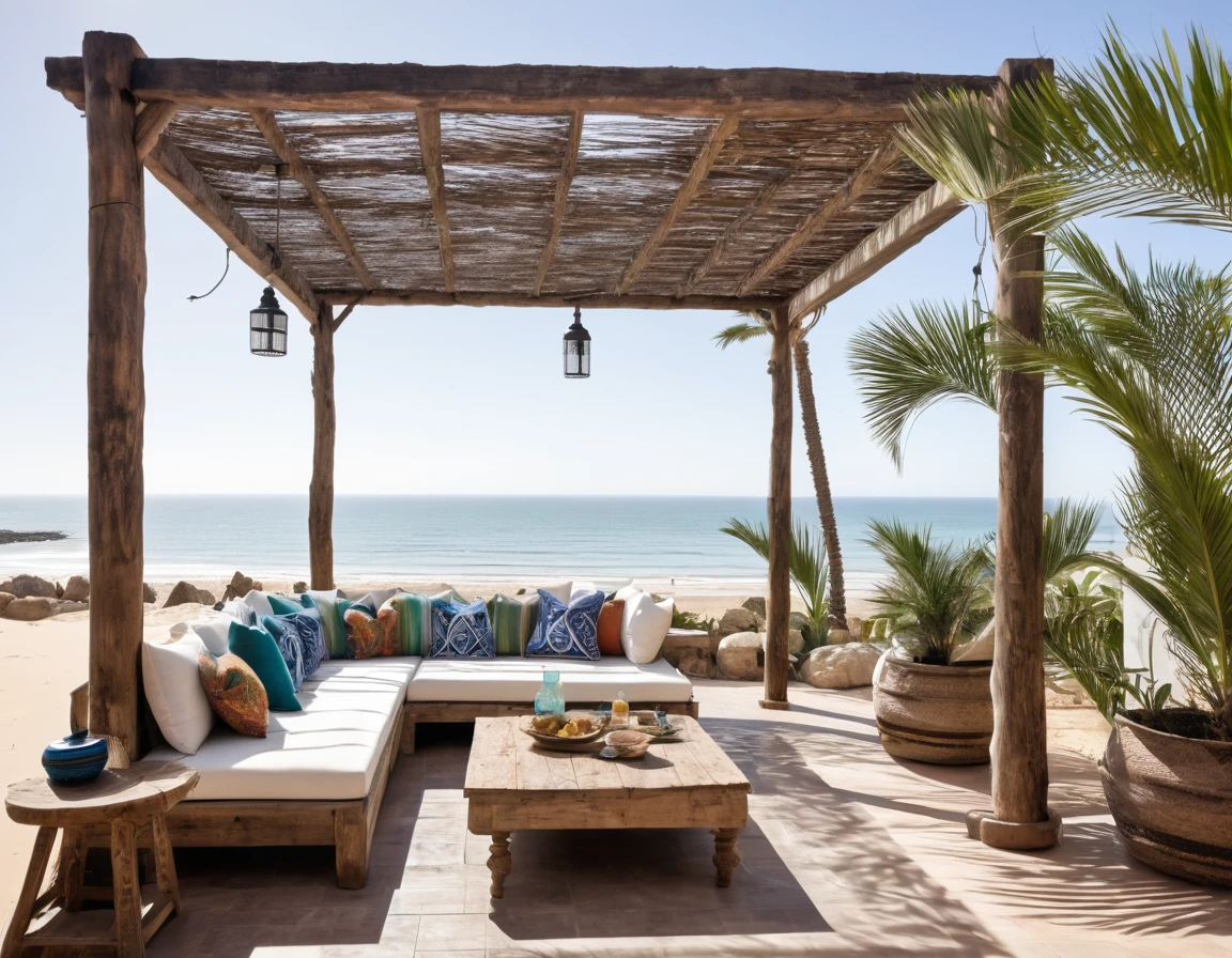 rustic-style outdoor lounge with pergola , beach house with a deck morocco otantic style textiles , palm trees