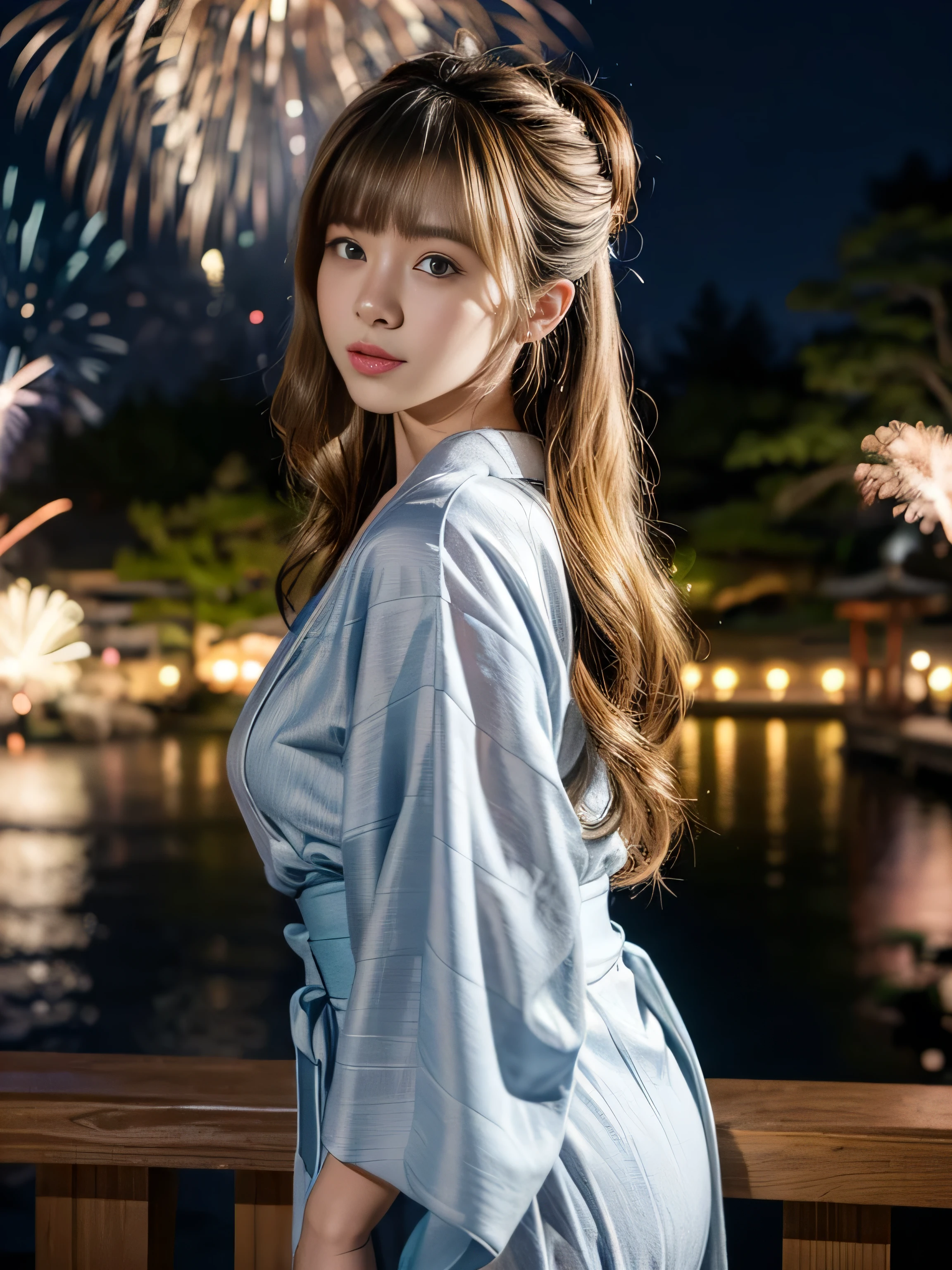 19 years old child, (wearing a loosen pure light yellow yukata:1.3), big round breast, (in Japanese garden:1.3), ((updo hairstyle, Dark blonde hair, wavy hair, long hair, asymmetric bangs:1.2)), (photorealistic:1.2), (ultra realistic:1.3), (very detailed:1.1), ((masterpiece)), ,( Hand Details:1.4), (at night:1.3), (watching firework display:1.3), (looking at fireworks display:1.3), depth of field, from side, figure viewed from side.