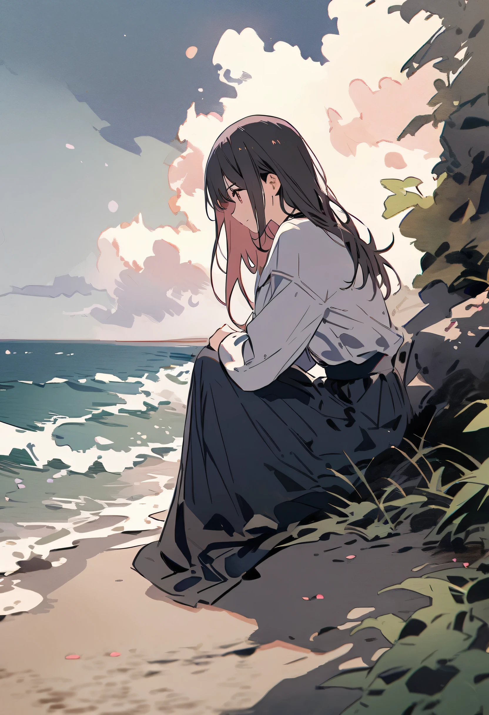 (masterpiece, highest quality: 1.2), Super detailed, Cinema Lighting, High resolution, figure, landscape, One girl, (Soft colors), Post-apocalyptic beach, night, Desolate atmosphere, Girl sitting on the sand, Vegetation Covered, (Cloudy), Waves crashing on the shore, (Depressing but hopeful), A moment of quiet rest, (Detailed Texture), Windblown Hair,