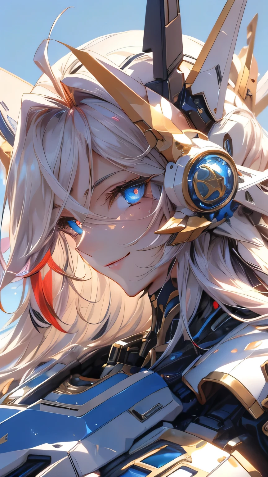 ((best quality)), ((masterpiece)), (detailed face and eyes), detailed hands and fingers, perfect face, accurate, textured skin, high details, multicolored hair, gradient hair, hair between eyes, hair over shoulder, big hair, hair over eyes, hair flaps, mole under eye, tareme, smile, Expressionism, anime, sparkle, Science fiction, mechanical body, armor, mechanic parts