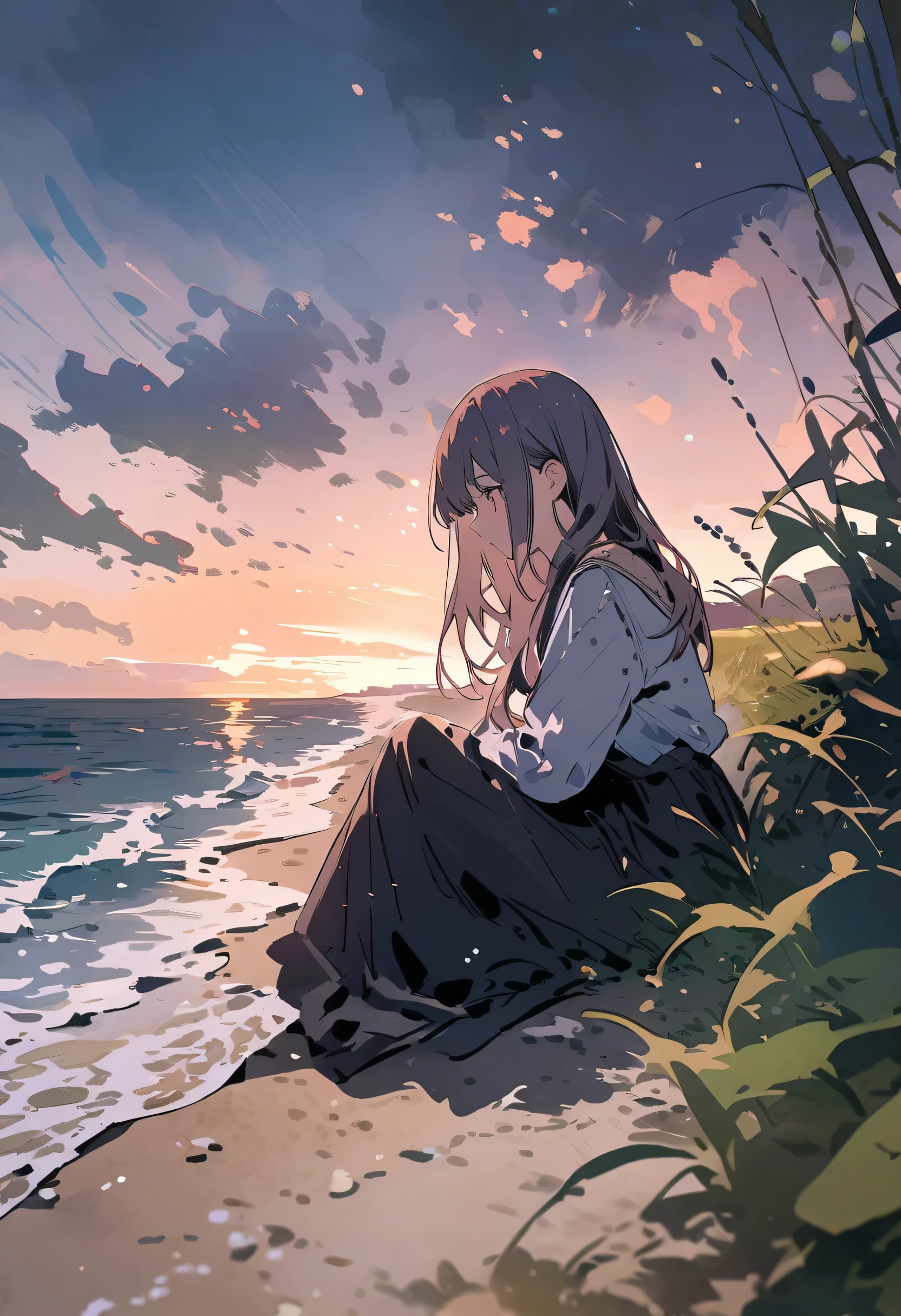 (masterpiece, highest quality: 1.2), Super detailed, Cinema Lighting, High resolution, figure, landscape, One girl, (Soft colors), Post-apocalyptic beach, night, Desolate atmosphere, Girl sitting on the sand, Vegetation Covered, (Cloudy), Waves crashing on the shore, (Depressing but hopeful), A moment of quiet rest, (Detailed Texture), Windblown Hair, 