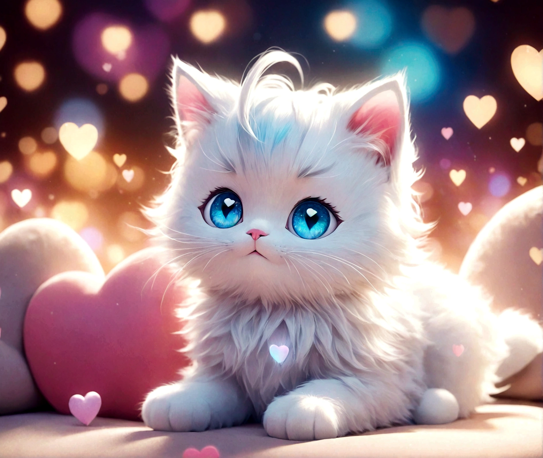 A cute cute 3d kitten character, lying on cushions, white and iridescent tones, sweet surreal dreamy animated children's character, children's book style, whimsical 3d digital romance illustration, soft, bokeh bokeh bokeh style, glowing hearts in the background, surreal hyperrealistic