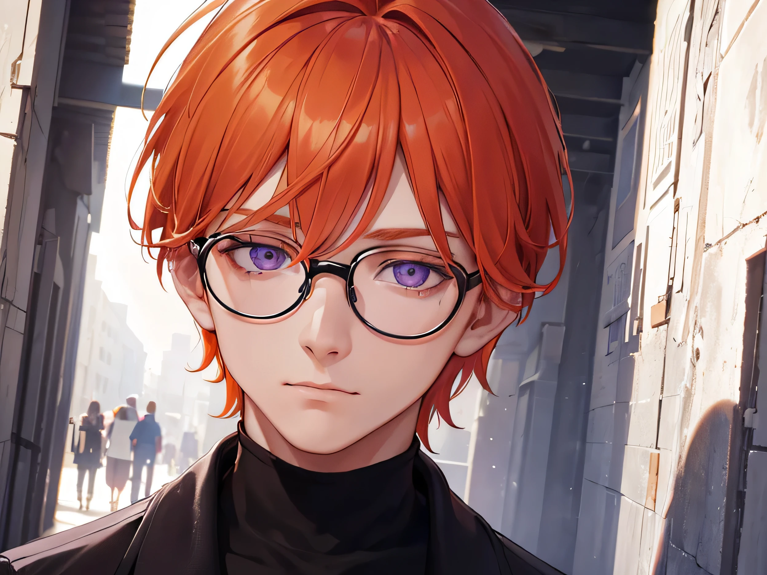 a detail close up person, ((8k)), ((face detailed)) (the face and eyes image is not broken), ((detail bust up shot)), a tech genius orange-haired and purple eyes ((MALE)) 22 aged ((wearing glasses)) and black jacket with confident expression walking in the hallway of the old building ruins, looking at the point view, sunlight shines in from the side darken the other side