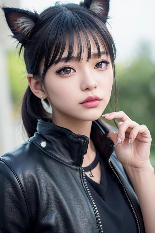 a cute japanese high school girl, innocent expression, low ponytail, ((cat ears)), heavy metal, leather jacket, spiked hair, black eyeshadow, black lipstick, piercings, punk hairstyle, middle finger raised, (best quality,4k,8k,highres,masterpiece:1.2),ultra-detailed,(realistic,photorealistic,photo-realistic:1.37),extremely detailed eyes and face,beautifully detailed eyes,beautifully detailed lips,longeyelashes,vibrant colors,dramatic lighting,cinematic