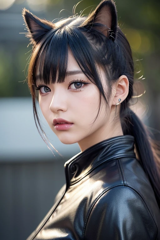 a cute japanese high school girl, innocent expression, low ponytail, ((cat ears)), heavy metal, leather jacket, spiked hair, black eyeshadow, black lipstick, piercings, punk hairstyle, middle finger raised, (best quality,4k,8k,highres,masterpiece:1.2),ultra-detailed,(realistic,photorealistic,photo-realistic:1.37),extremely detailed eyes and face,beautifully detailed eyes,beautifully detailed lips,longeyelashes,vibrant colors,dramatic lighting,cinematic