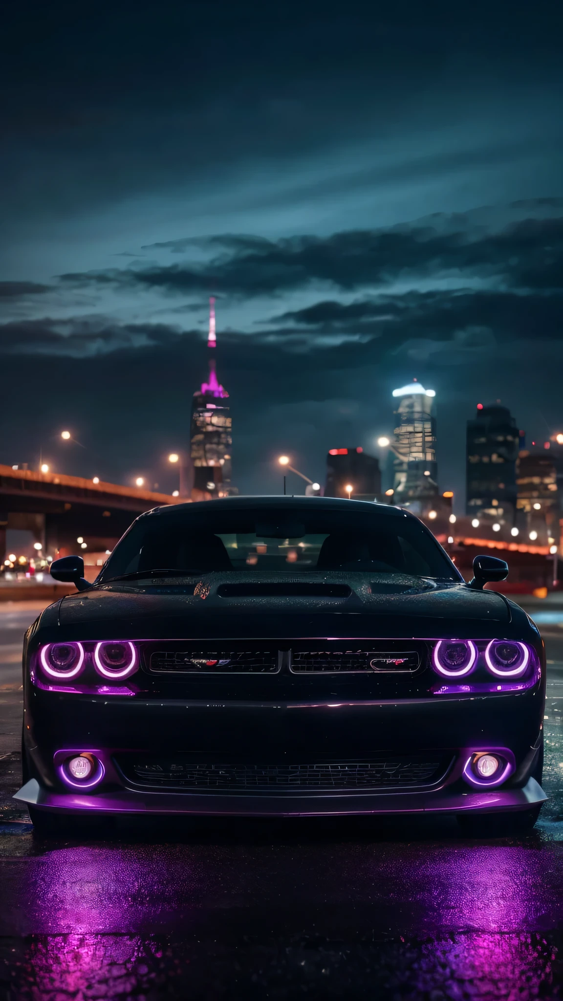 In the electric embrace of a modern metropolis, a scene unfolds that is both a testament to human ingenuity and a celebration of raw, unbridled power. The stage is set on a rain-soaked city street, its asphalt glistening under the myriad of lights that define the nightscape. The sky above is a canvas of deep, velvety blues, punctuated by the occasional cloud that drifts lazily across, reflecting the faintest hints of city lights.Central to this tableau is a car that exudes an aura of dominance and sophistication: a black Dodge Challenger SRT. This machine is not merely a vehicle but an icon of American muscle, an embodiment of power, precision, and design. Its presence commands attention, a dark silhouette against the backdrop of a bustling urban environment.The front view of the car is a masterclass in automotive design. The Challenger's face is characterized by its broad, menacing grille, flanked by twin sets of circular LED headlights. These headlights, glowing with an intense purple hue, pierce through the misty rain, casting an otherworldly light onto the wet pavement. The lights are framed by sleek, aggressive lines that converge towards the center, creating a visual impression of speed and aggression even while stationary.Above the grille, the hood is a testament to functionality and style, featuring prominent air intakes that not only enhance the car's aerodynamic efficiency but also serve as a visual cue to the beastly power that lies beneath. The hood, with its muscular contours, hints at the throbbing V8 engine that is the heart of this machine, capable of delivering a symphony of horsepower and torque.As the rain continues its steady descent, each droplet that lands on the car's surface is momentarily transformed into a tiny, glistening jewel. These droplets bead and stream across the Challenger's body, tracing paths that highlight the car's flawless, glossy paintwork. The black paint absorbs and reflects the ambient light, creating a dynamic interplay o