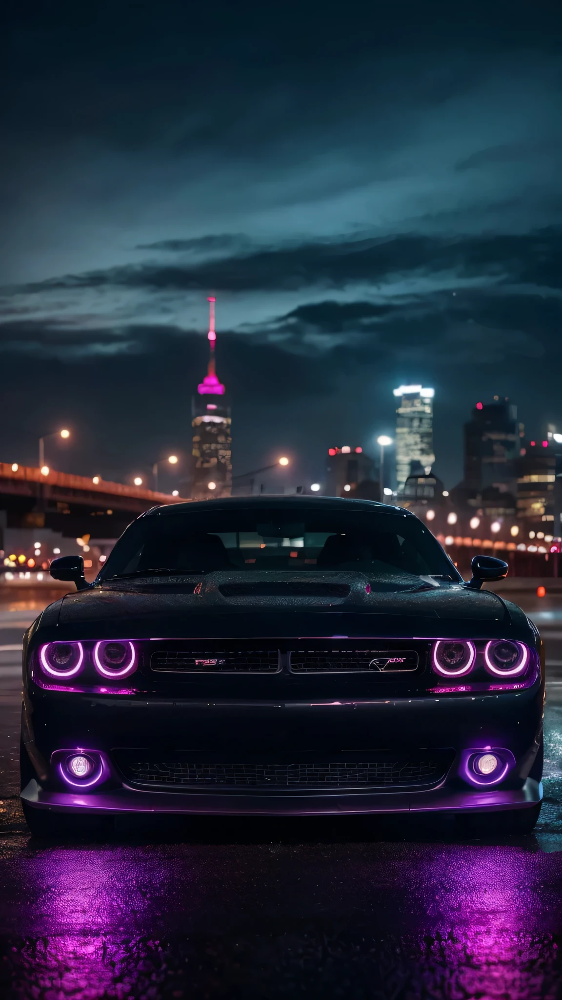 In the electric embrace of a modern metropolis, a scene unfolds that is both a testament to human ingenuity and a celebration of raw, unbridled power. The stage is set on a rain-soaked city street, its asphalt glistening under the myriad of lights that define the nightscape. The sky above is a canvas of deep, velvety blues, punctuated by the occasional cloud that drifts lazily across, reflecting the faintest hints of city lights.Central to this tableau is a car that exudes an aura of dominance and sophistication: a black Dodge Challenger SRT. This machine is not merely a vehicle but an icon of American muscle, an embodiment of power, precision, and design. Its presence commands attention, a dark silhouette against the backdrop of a bustling urban environment.The front view of the car is a masterclass in automotive design. The Challenger's face is characterized by its broad, menacing grille, flanked by twin sets of circular LED headlights. These headlights, glowing with an intense purple hue, pierce through the misty rain, casting an otherworldly light onto the wet pavement. The lights are framed by sleek, aggressive lines that converge towards the center, creating a visual impression of speed and aggression even while stationary.Above the grille, the hood is a testament to functionality and style, featuring prominent air intakes that not only enhance the car's aerodynamic efficiency but also serve as a visual cue to the beastly power that lies beneath. The hood, with its muscular contours, hints at the throbbing V8 engine that is the heart of this machine, capable of delivering a symphony of horsepower and torque.As the rain continues its steady descent, each droplet that lands on the car's surface is momentarily transformed into a tiny, glistening jewel. These droplets bead and stream across the Challenger's body, tracing paths that highlight the car's flawless, glossy paintwork. The black paint absorbs and reflects the ambient light, creating a dynamic interplay o