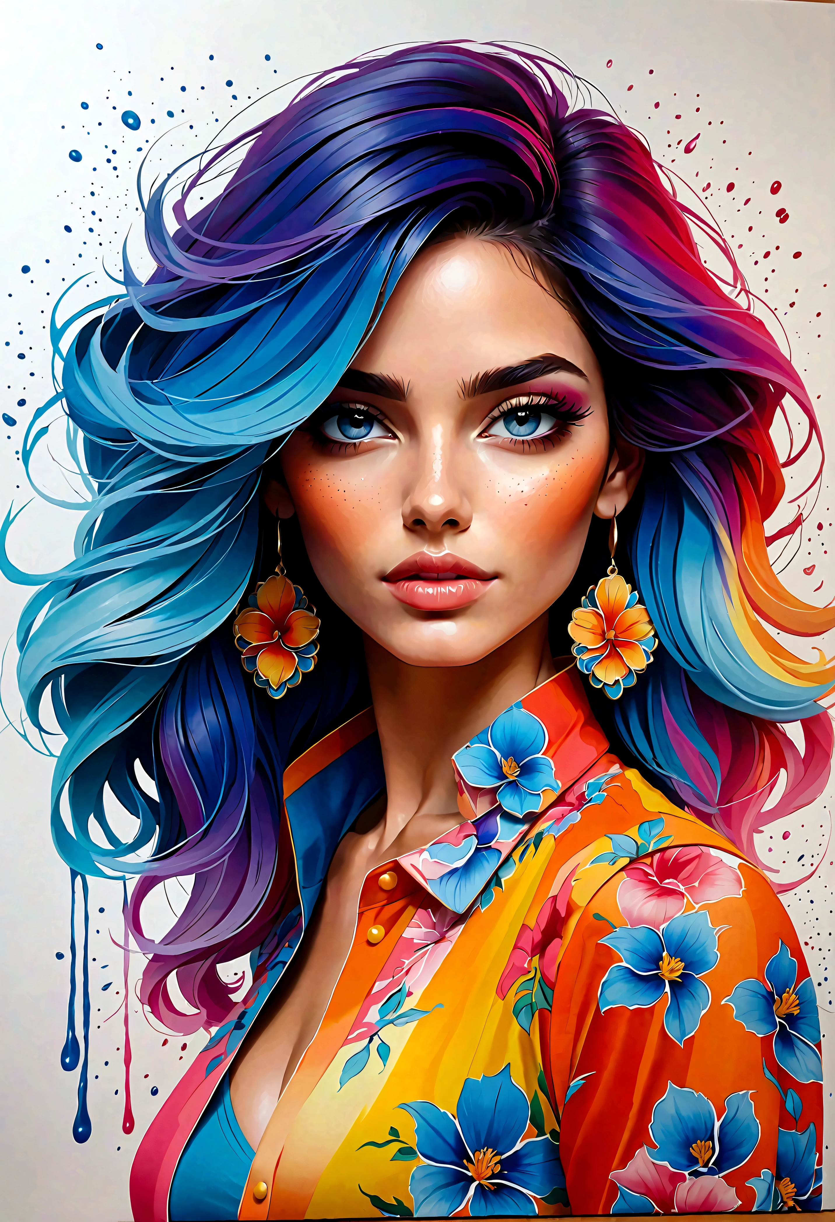 Uma linda mulher, highlighted in vibrant colors like a colored pencil drawing, tirando o cabelo do rosto. The woman is very well dressed in a mix of blue tones, rosa e laranja, com detalhes intrincados destacando suas vestes. All around her are splashes of color similar to watercolors., com flores e gotas de tintas..