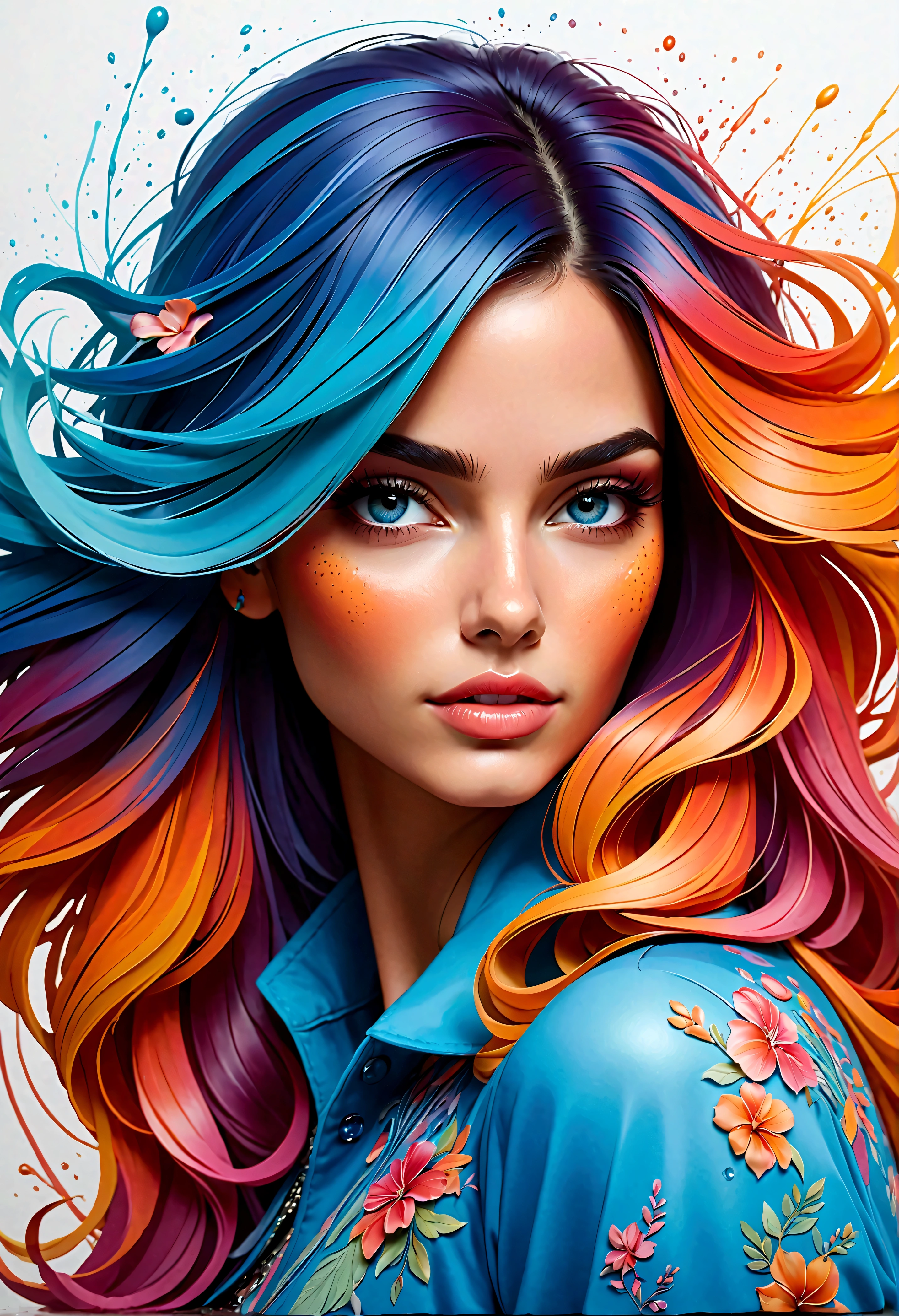 Uma linda mulher, highlighted in vibrant colors like a colored pencil drawing, tirando o cabelo do rosto. The woman is very well dressed in a mix of blue tones, rosa e laranja, com detalhes intrincados destacando suas vestes. All around her are splashes of color similar to watercolors., com flores e gotas de tintas..