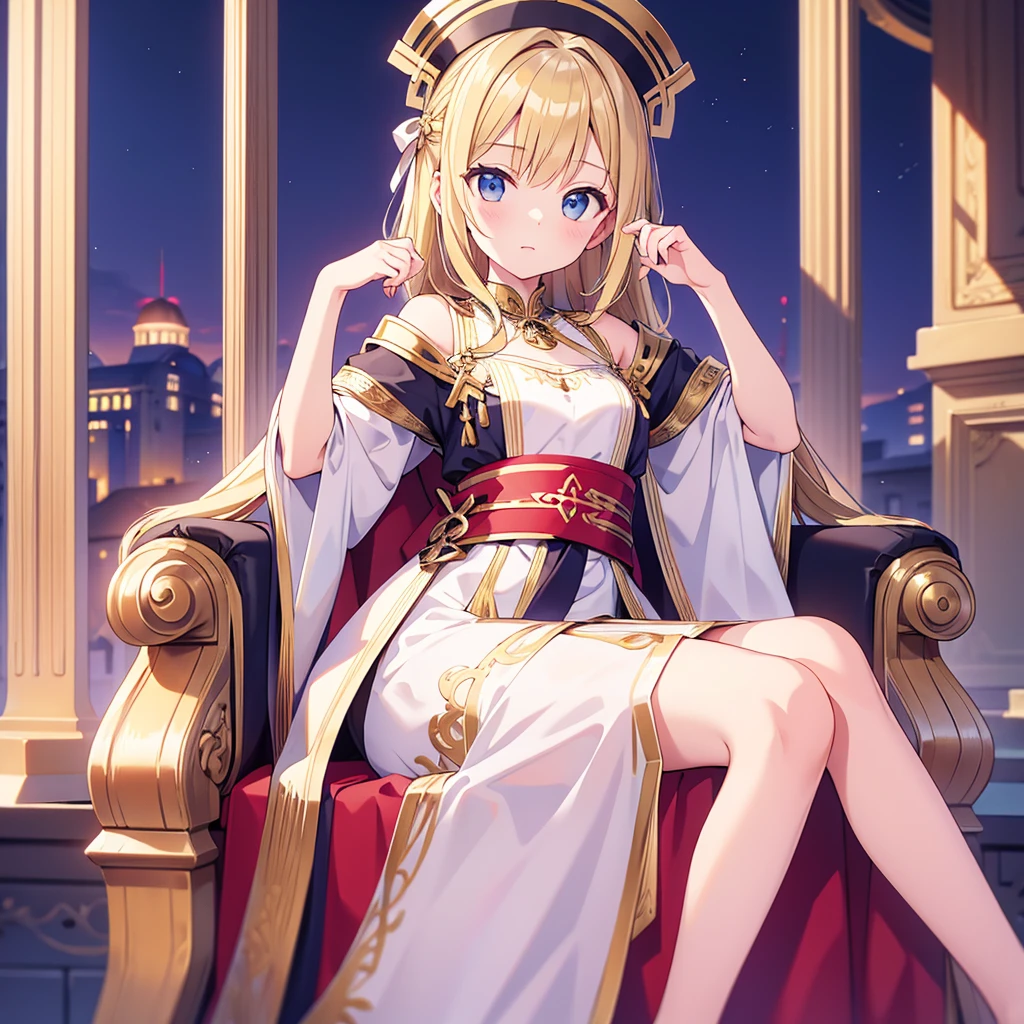 textile of destiny background Sitting on the throne Greek-style clothing 10 year old blonde girl