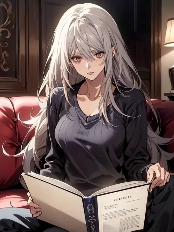 (Confused, High resolution, Very detailed), 1 female, Silver Hair,Long Hair,Reddish brown eyes,Blue V-neck sweater,Jacket,Black skinny pants,24th generation,beauty,,thin,quiet,Calm,talk,sofa,Book,In the middle of reading,Blue V-neck sweater,