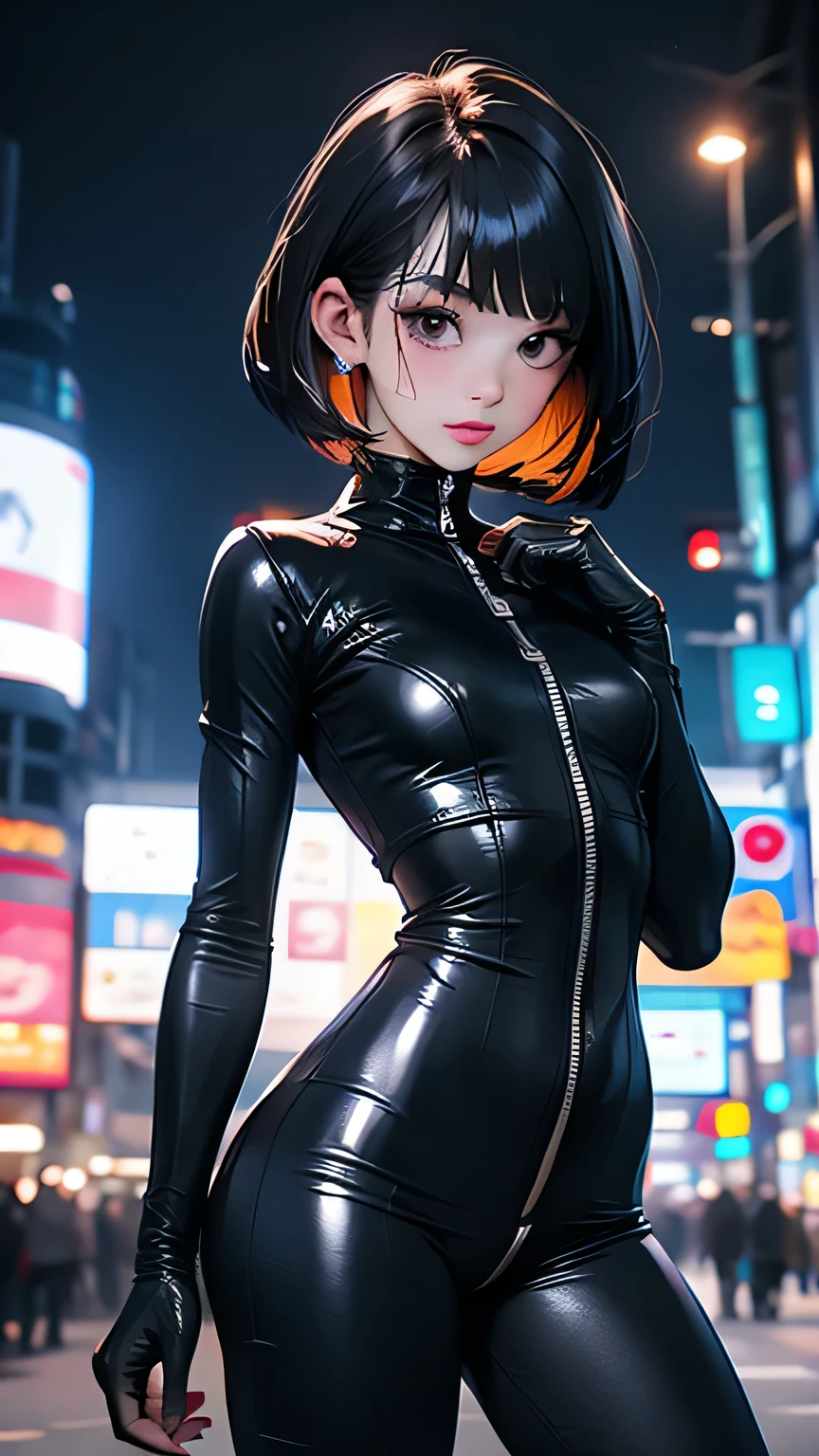 masterpiece, highest quality, One girl, Super Detail, Skin-tight plug suit, neon lines, Perfect Eyes, Perfect Face, Kuvshinov, Cowboy Shot, Cyberpunk City, Glowing neon color palette, 