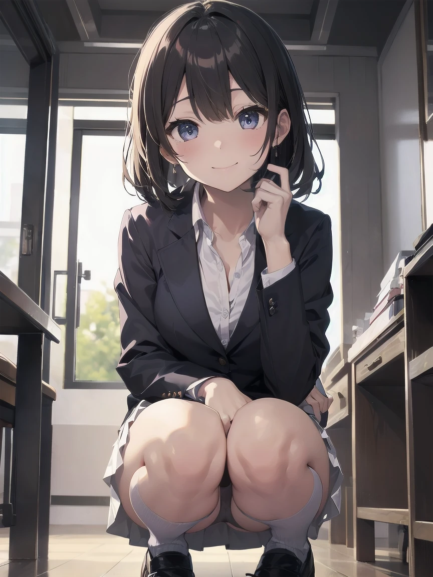 In one girl、smile、fun、High school blazer with popular design、shirt、pleated skirt、white skirt、(small breasts)Crouching panty shot、
