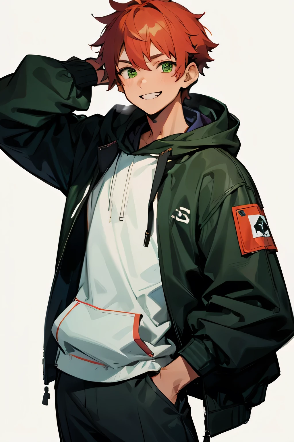 (masterpiece), ((sfw)), best quality, expressive eyes, perfect face, , (1girl,, young adult, handsome girl, flat body), solo, short messy red boy cut hair, green eyes BREAK (tanned male skin,), cowboy shot, smile, hoodie with motor sport jacket on top BREAK pants BREAK, standing BREAK, smile, grin, :D, long face