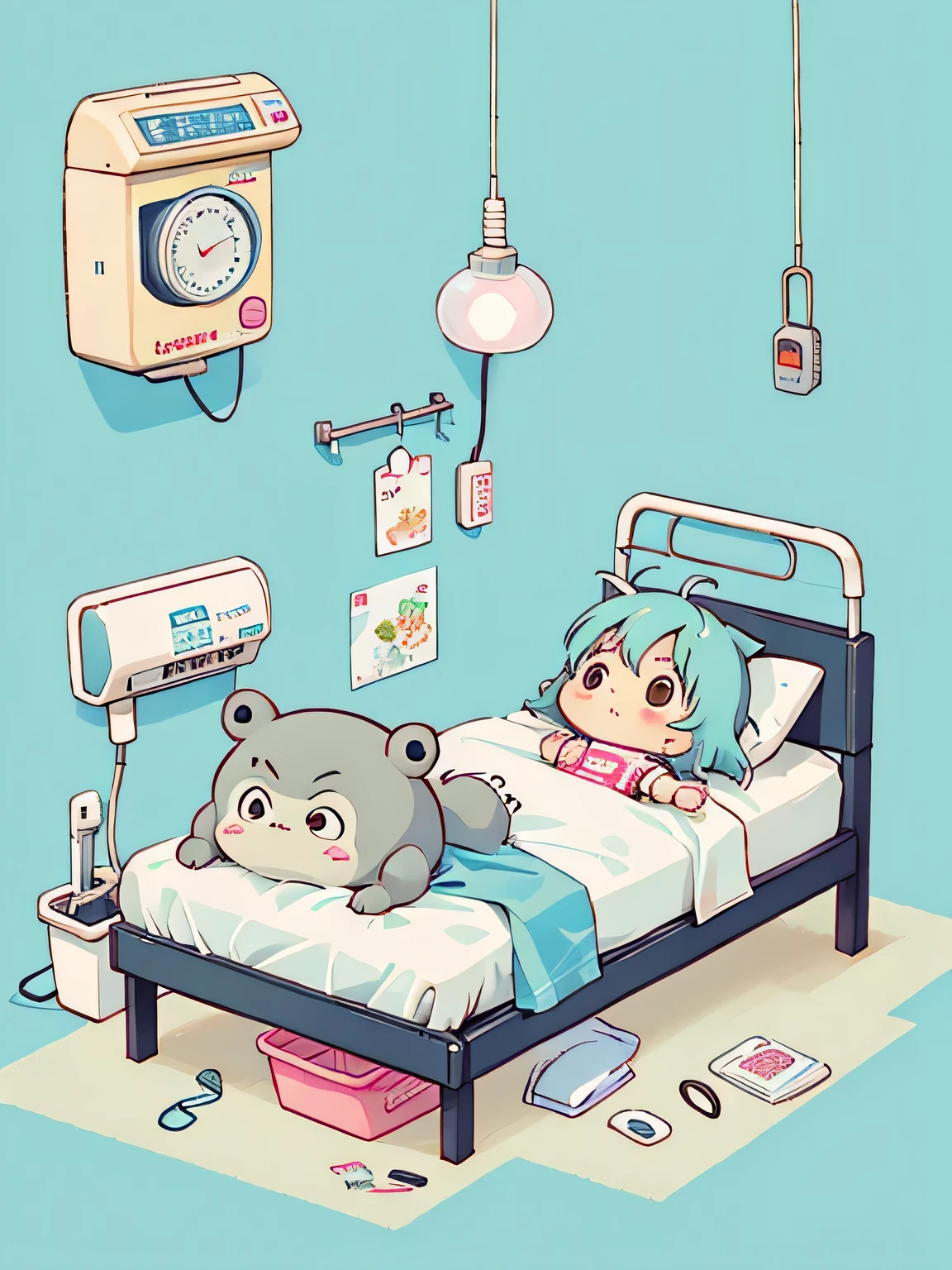 Hayao Miyazaki style, Kawaii Design, most beautiful girl ever、Chibi, playing , Totoro, hospital bed