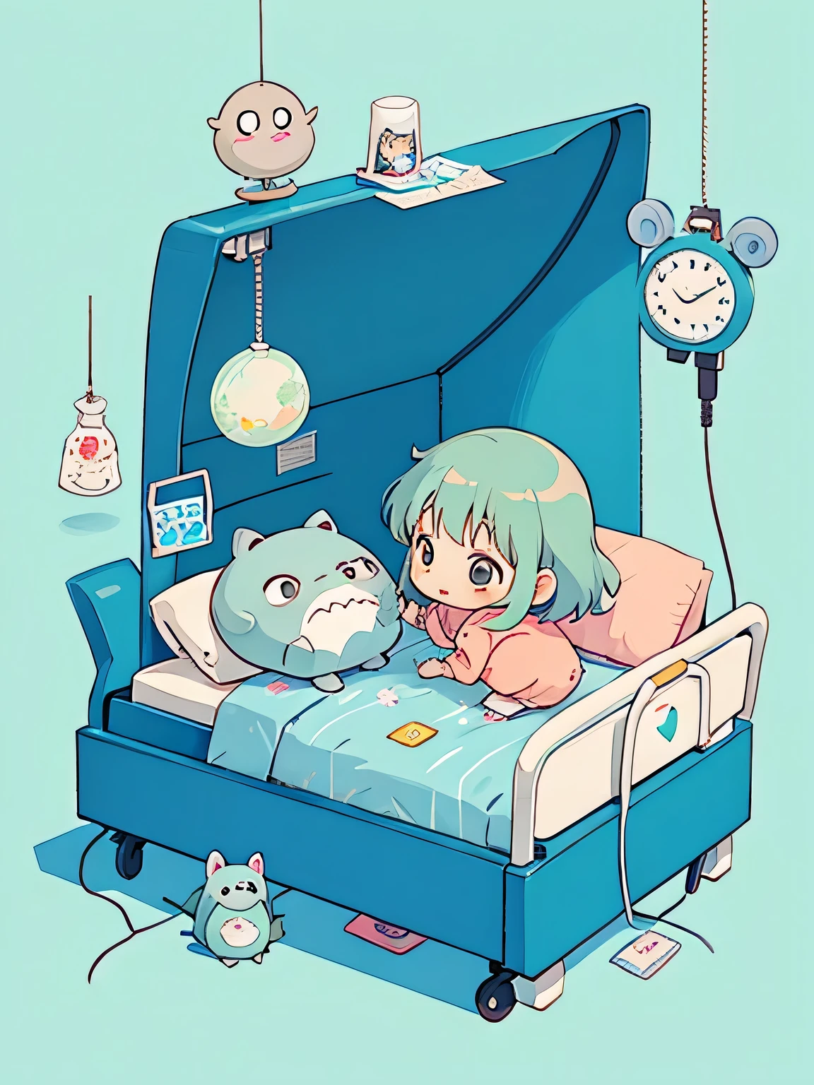Hayao Miyazaki style, Kawaii Design, most beautiful girl ever、Chibi, playing , Totoro, hospital bed