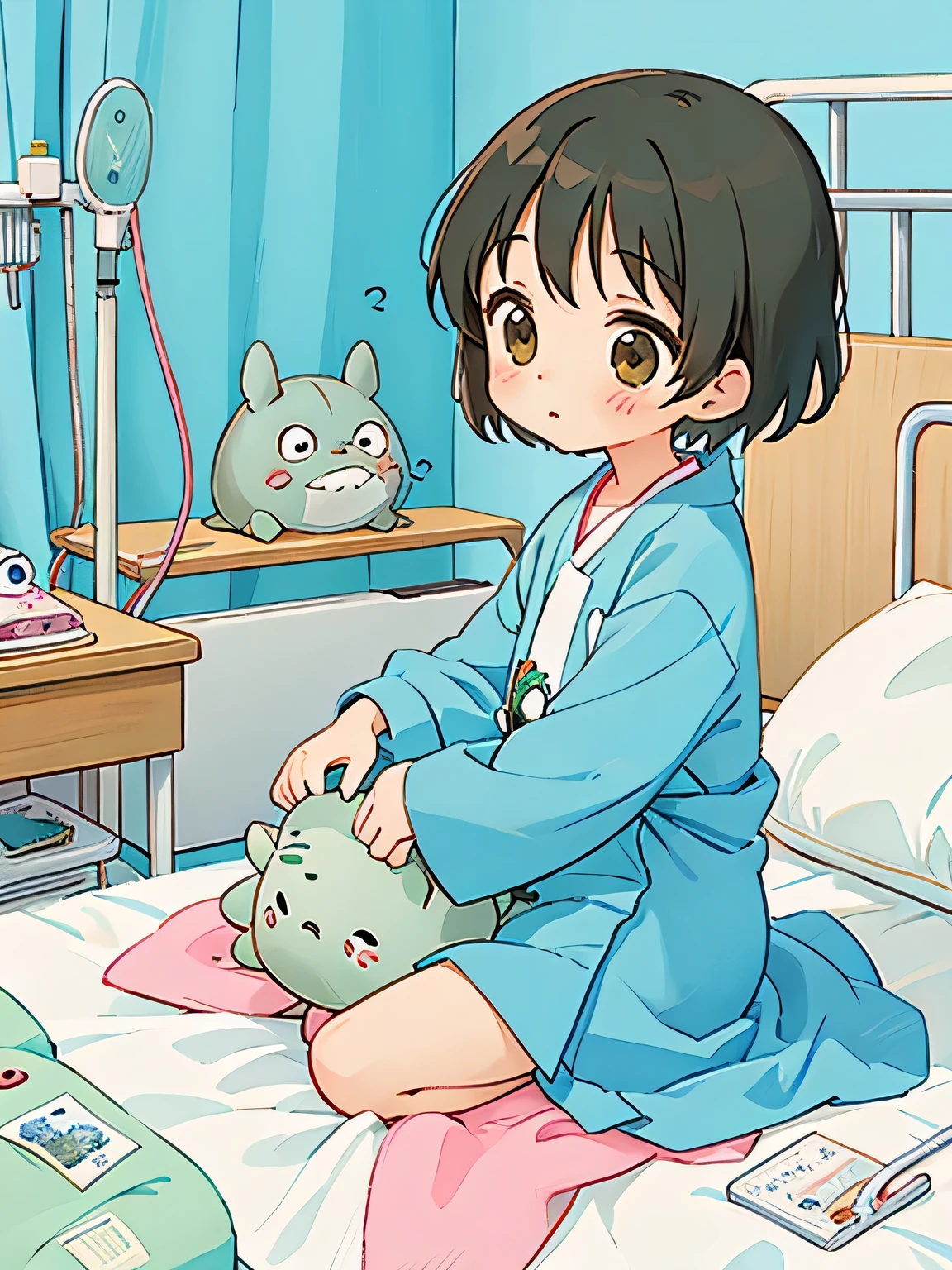 Hayao Miyazaki style, Kawaii Design, most beautiful girl ever、Chibi, playing , Totoro, hospital bed