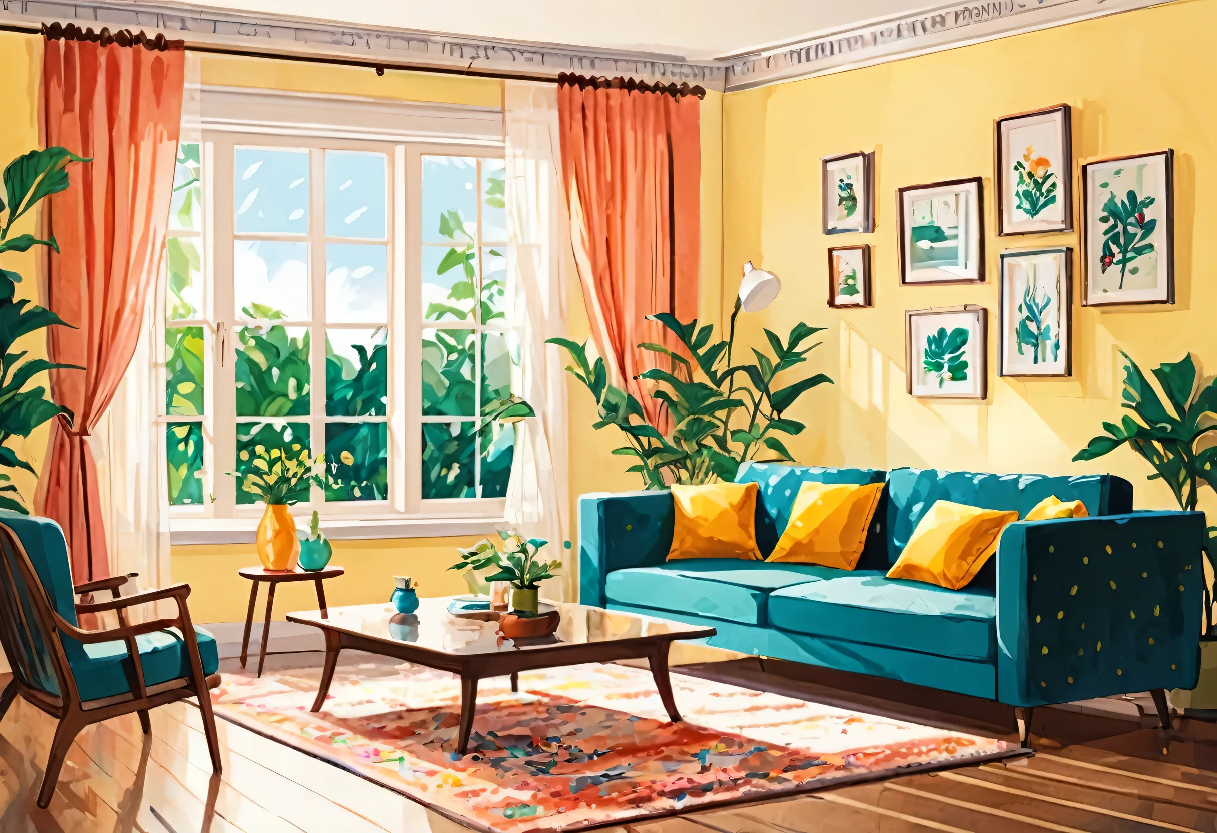 A living room, delicate illustration ultra-detailed, indoor, illustrations, bright,