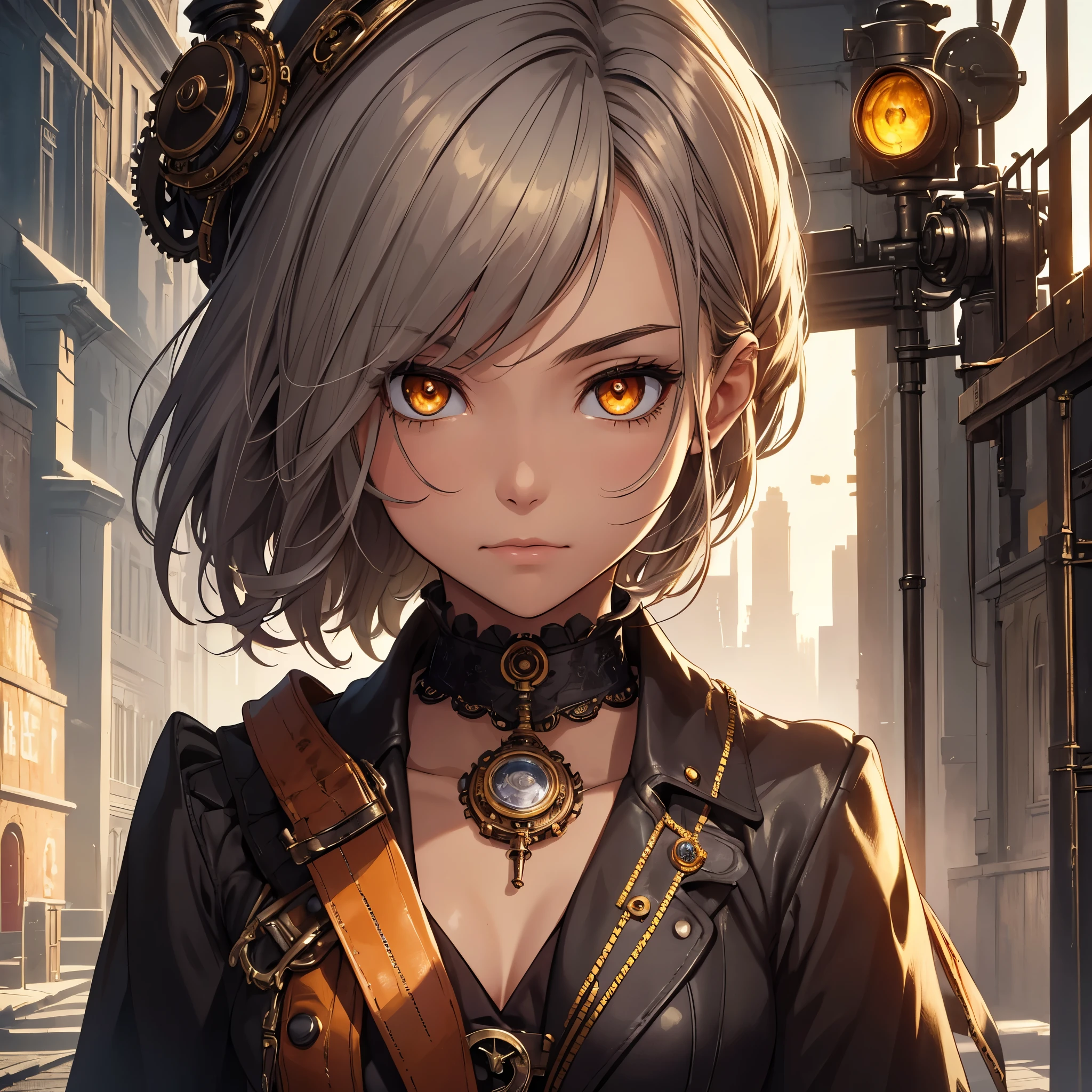 masterpiece, highest quality, Perfect Face, Highest Resolution, Highest quality,Detailed depiction of the eyes, 1 girl, young, slender body, Shorty, deep tan skin, slate gray hair, short hair, upturned eyes, Yellow Orange eyes, Perfect Anatomy, steampunk, 19th century, ribbon choker, steampunk style costume,city,