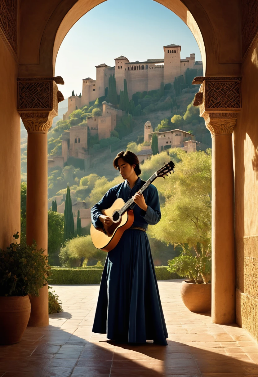 guitarist_Tarrega、Guitar playing、At the Alhambra、Reality、Romance、Fantasy、Dramatic lighting, Structure of the film, highest quality, masterpiece、Fantasy Landscape, Detailed guitar, Dramatic atmosphere, Calm colors, Detailed facial features,