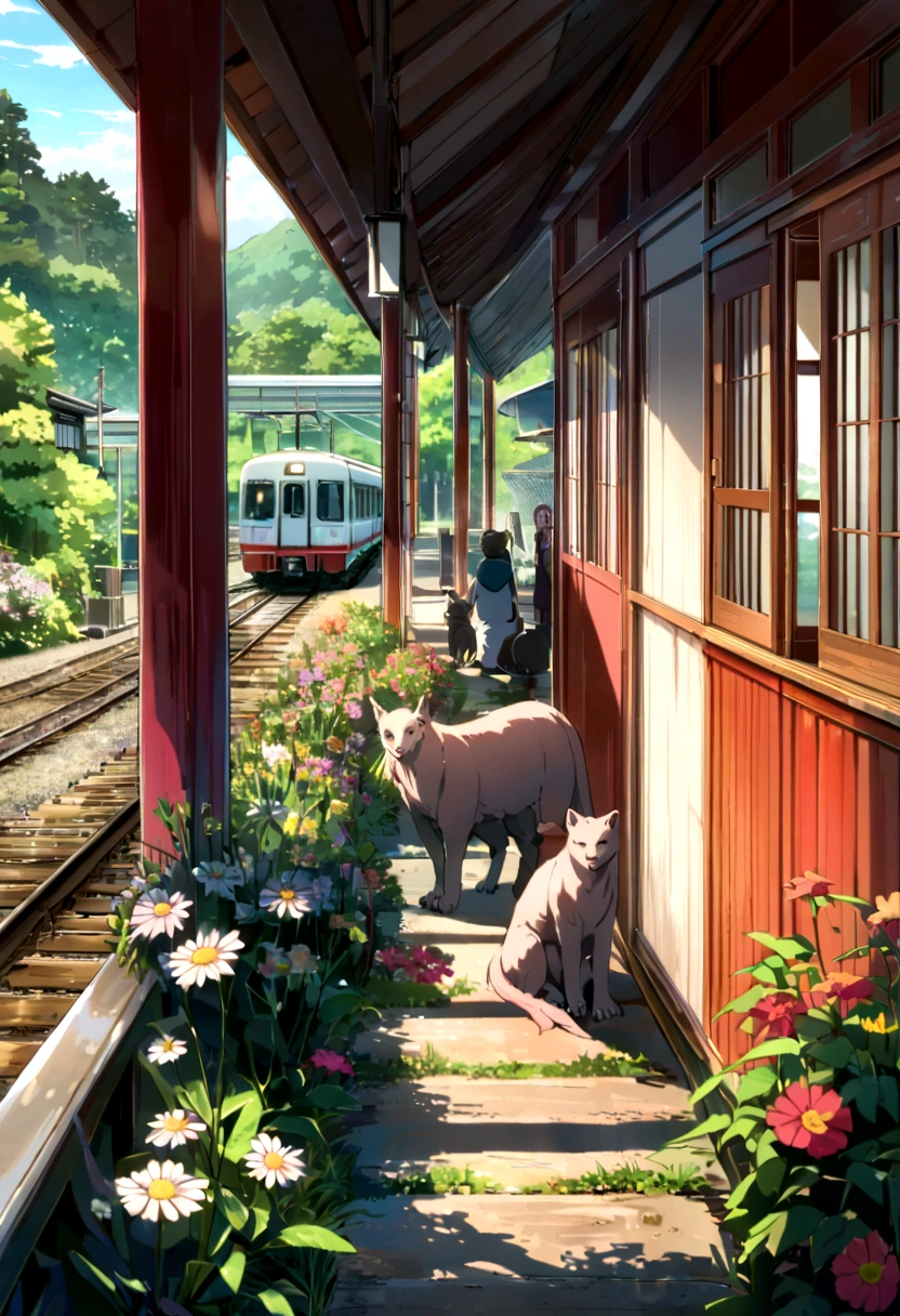 arafed train on a track with flowers and trees in the background, japan rural travel, train, kamakura scenery, in karuizawa, Beasts, japan shonan enoshima, lush surroundings, summer setting, train station in summer, portrait!!, 🚿🗝📝, flowers around, japan deeper travel exploration