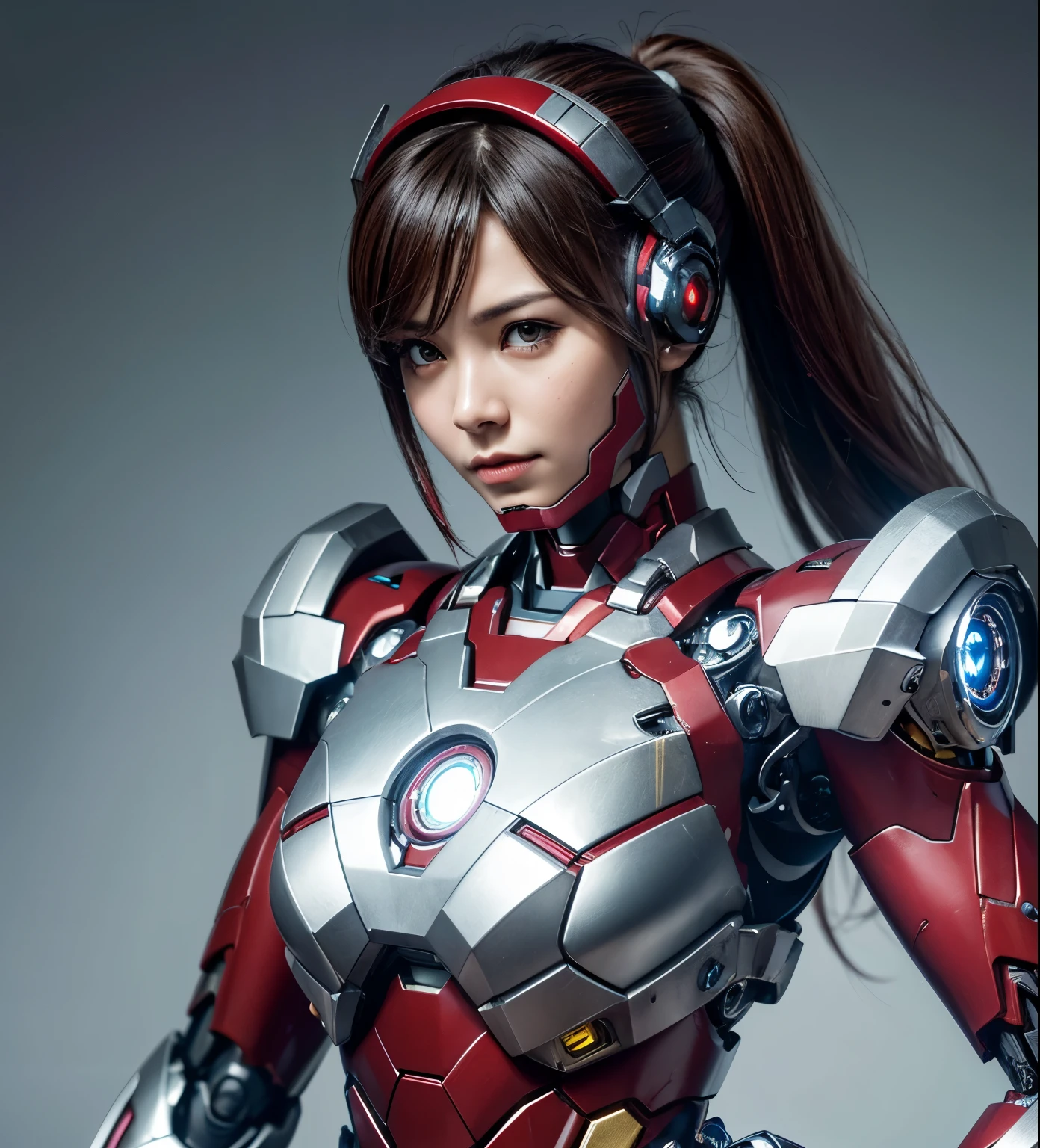 Textured skin, Super Detail, high details, High quality, Best Quality, hight resolution, 1080p, hard disk, Beautiful,(ironman),beautiful cyborg woman,Mecha Cyborg Girl,Battle Mode,Girl with a Mecha Body,She wears an Iron Man mechheadgear,A powerful cyborg woman, sleek and futuristic, with advanced mechanical augmentations that enhance her strength and capabilities.