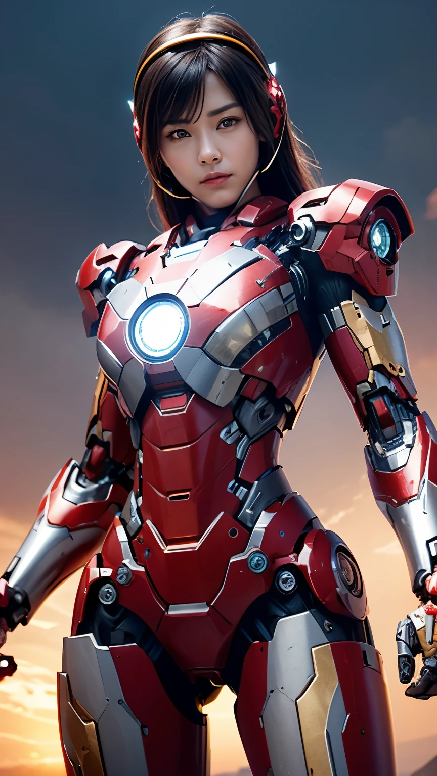 Textured skin, Super Detail, high details, High quality, Best Quality, hight resolution, 1080p, hard disk, Beautiful,(ironman),beautiful cyborg woman,Mecha Cyborg Girl,Battle Mode,Girl with a Mecha Body,She wears an Iron Man mechheadgear,A powerful cyborg woman, sleek and futuristic, with advanced mechanical augmentations that enhance her strength and capabilities.