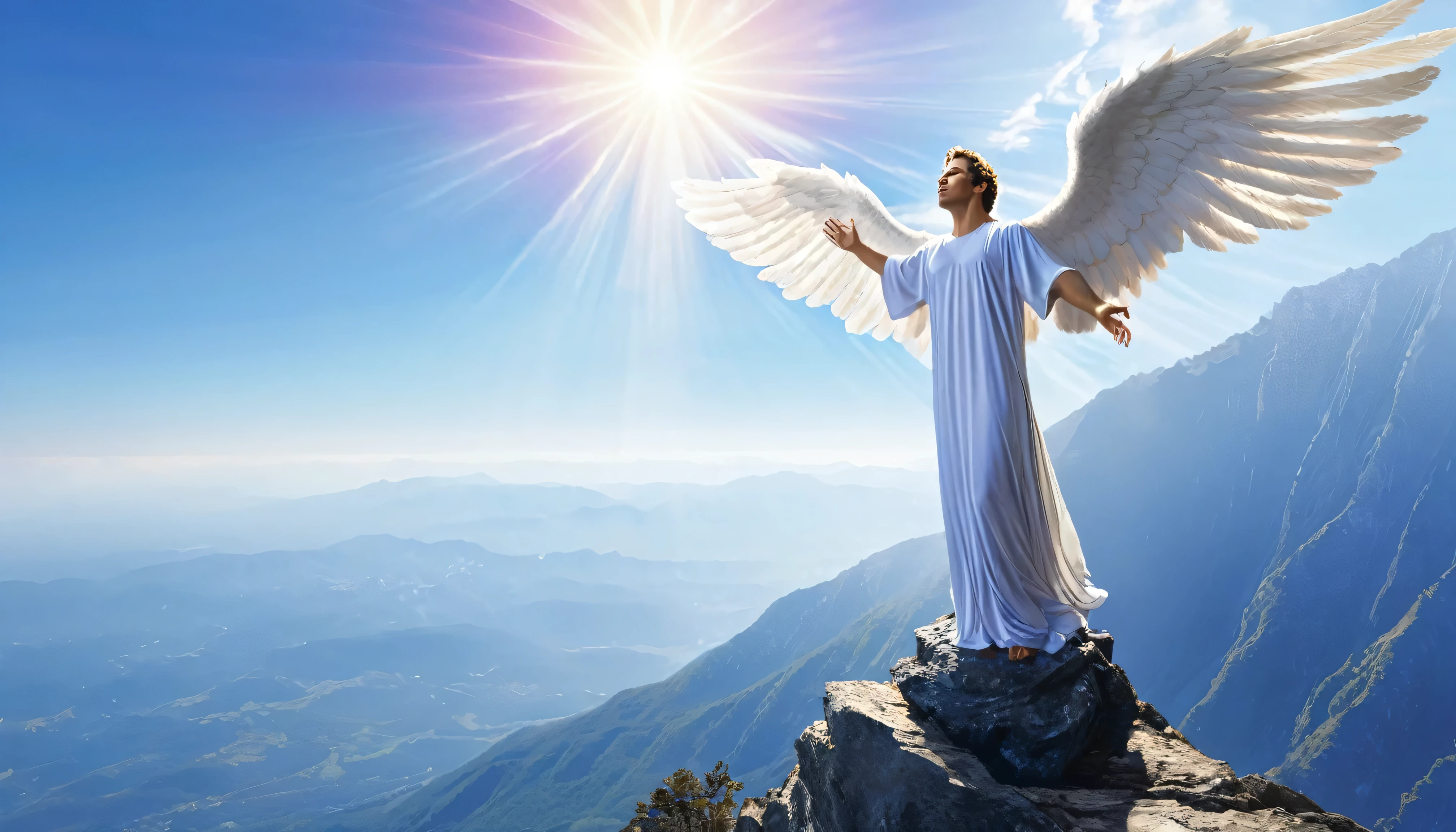 the divinity has manifested, male angel standing on mountain watching view