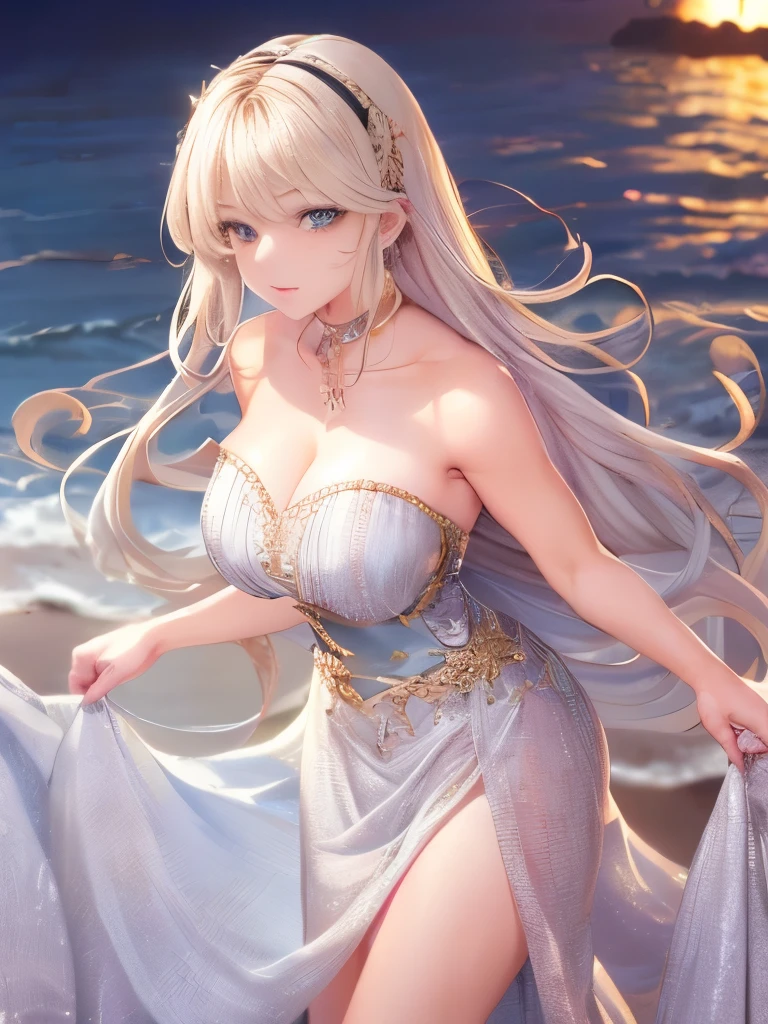 (finely detailed beautiful eyes and detailed face,masterpiece sidelighting,masterpiece,highest quality,detailed,High resolution illustrations), Physically Based Octane Rendering, (One Girl,whole body,beautiful girl,Shiny skin,Looking down,View Audience),, (silky platinum blonde hair,blue eyes,Loose curly hair,Beach maxi dress, Tropical Beach Resort,StraplessMaxi Dresses), (Strapless,,Maxi Dresses_Underbust:1.2),Underbust,