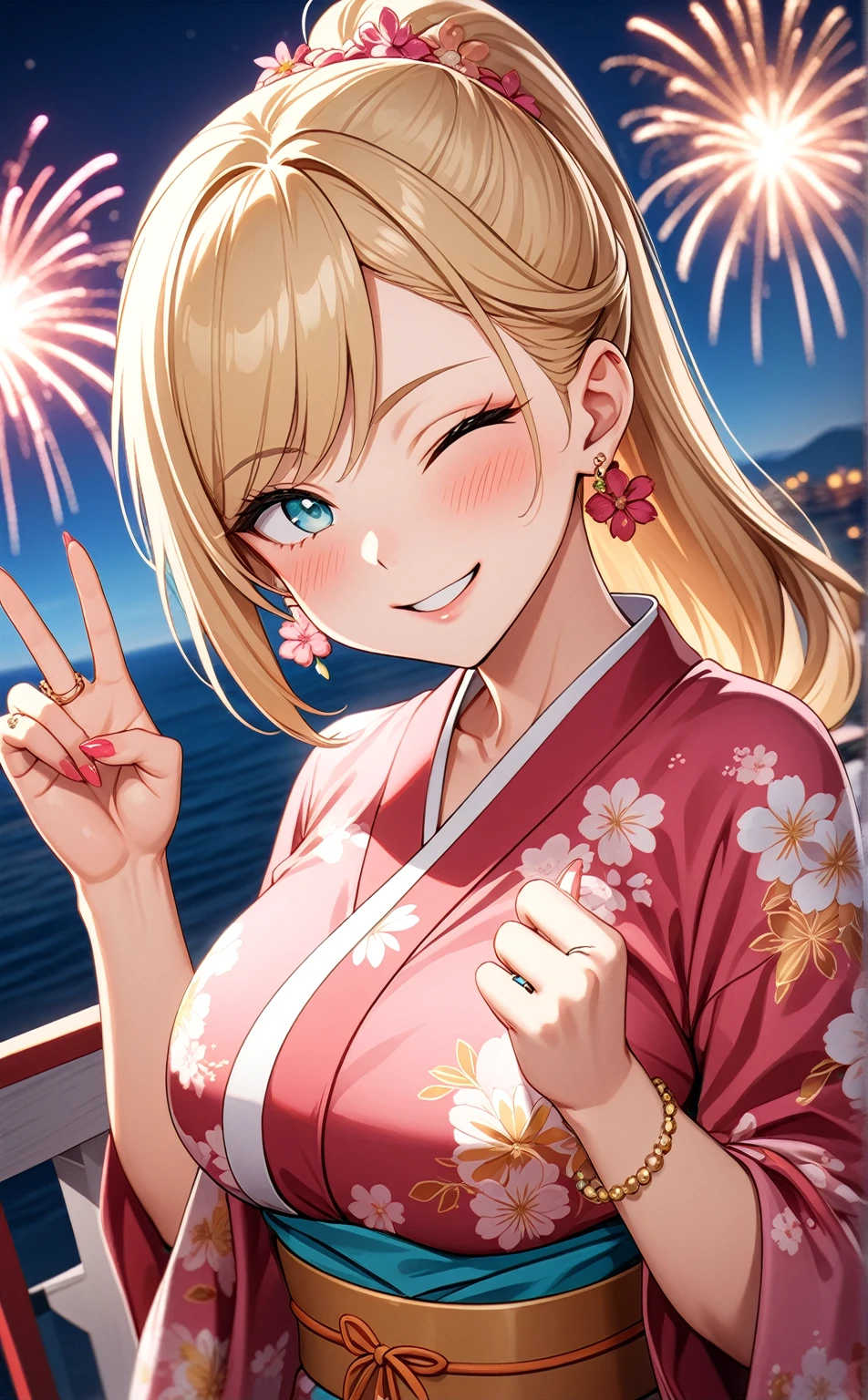 ((One personの女性)), Beautiful Face, ((smirk)),((Wink:2.0)), head tilt, Laugh with your mouth wide open,((Bright red cheeks:1.4)),Shiny red lips,night,rooftop,You can see the ocean, firework,Laughing with your mouth open,Glossy pink lips,Facial lighting,((Anime style background)),masterpiece, Highest quality, so beautiful,up to date, Complex details, (Pink long nails),(ring),(bracelet),(choker),AI-generated, Complex,High resolution, Highest quality, super high quality,3D Images、3D Images,One person,Long blonde hair,High Ponytail,(turquoise blue eyes),Anime woman posing for a photo, ((Fine grain、Colorful eyes、Shining Eyes:1.3)),(Squint your eyes:1.1),a hyperRealistic , hyperRealistic , Realistic,Anime woman with long white hair, Smooth anime CG art, A woman in a colorful kimono with gold embroidery, (Pink long sleeve kimono),Red floral pattern,Long flower hair ornament,Earrings,Mature Body,(Big Breasts:1.1),Tall,Abdominal muscles,Tight waist,(Zoom up to face:1.6),(front view),