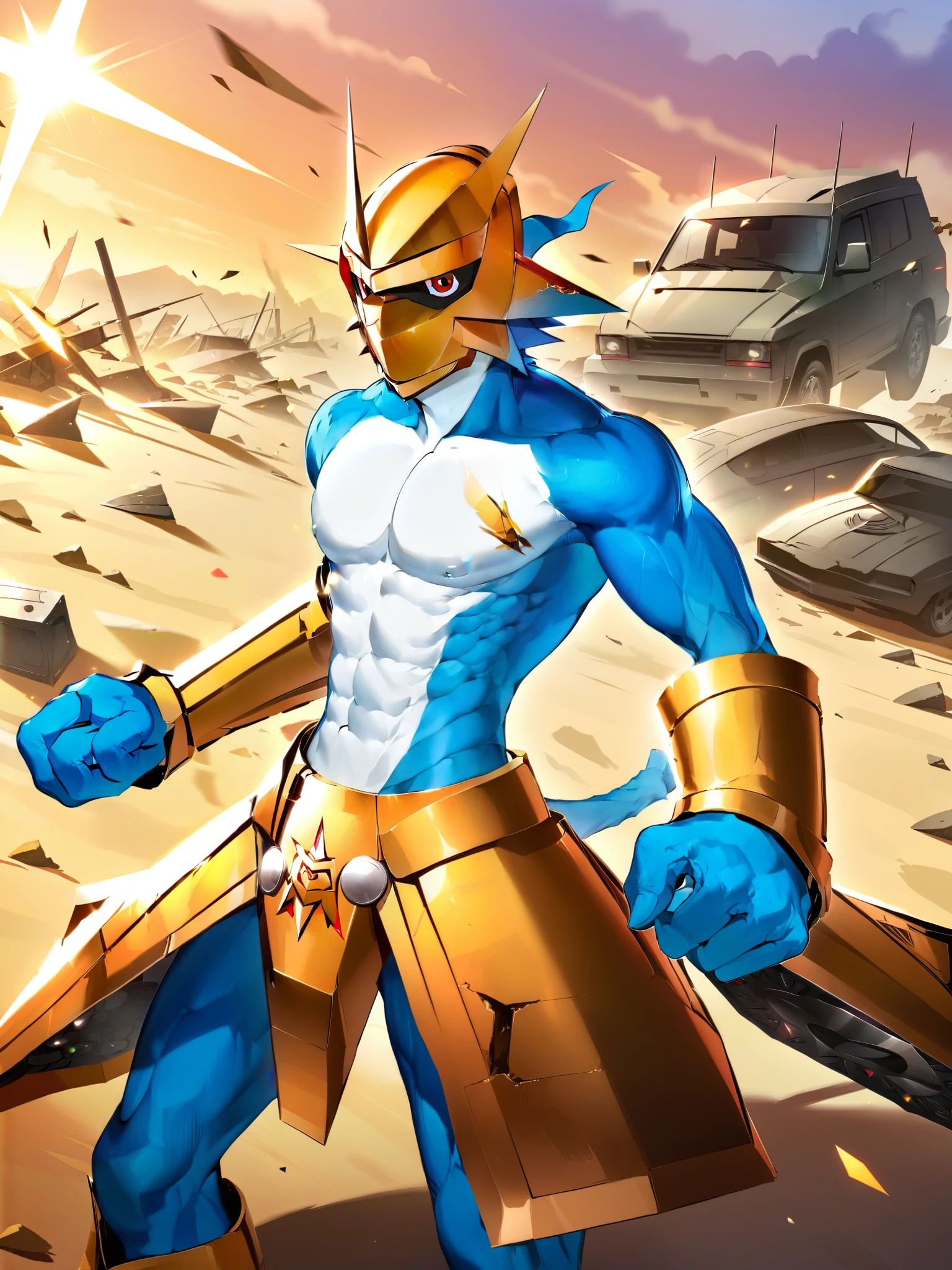 Magnamon,tall, blue and white skin,(battle damaged:1.5),(topless Magnamon:1.8),(armor fragments:1.5),(shirtless:1.5), fighting_stance, wasteland ,full_shot
