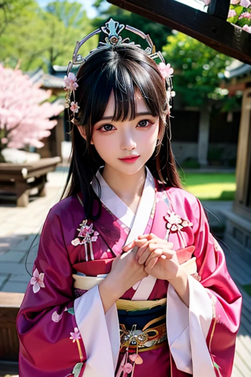goddess　１２unlined kimono　The color is lustrous　upright　Joining hands in prayer　looking at the camera　Background is cherry blossoms　Front view　　tiara　Upper Body　big