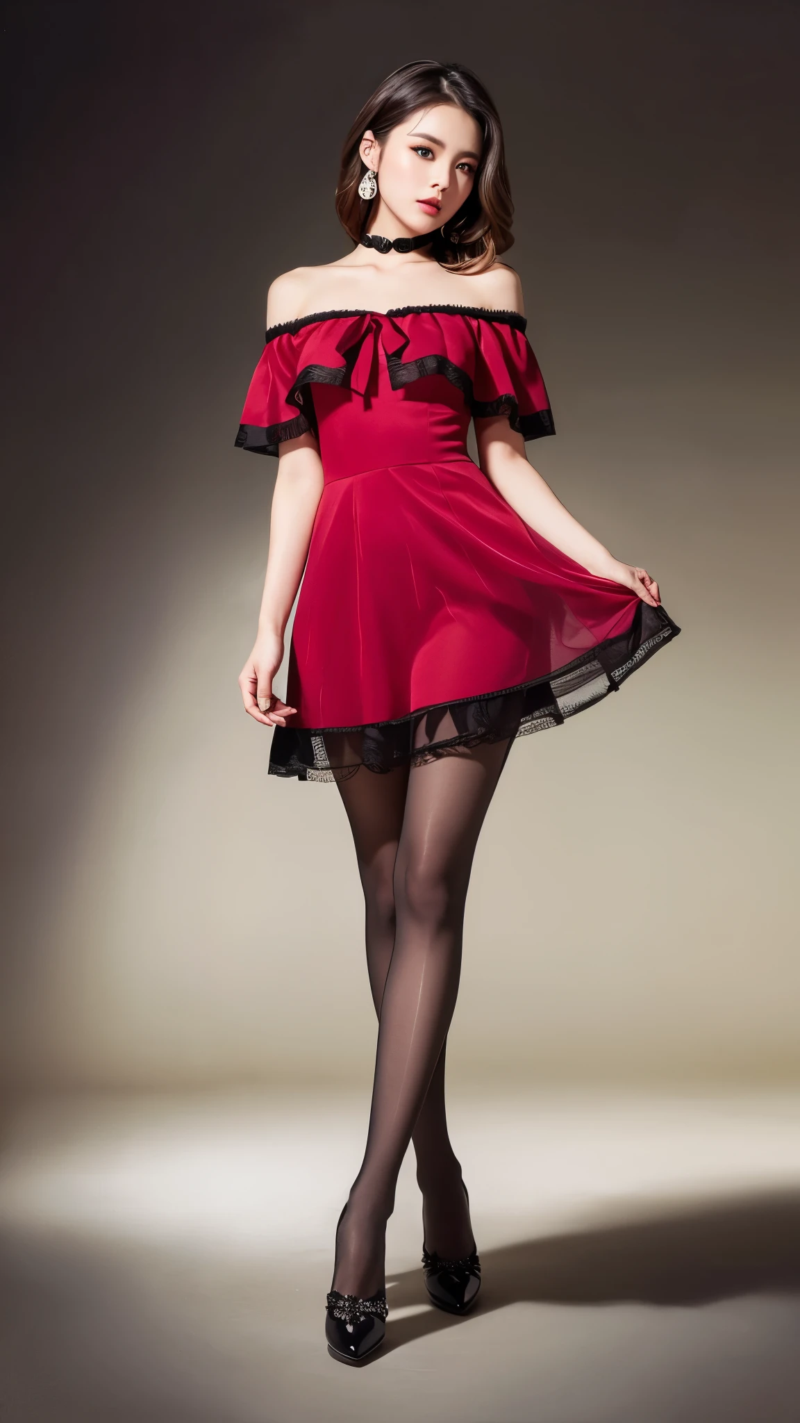 (((masterpiece))), (((highest quality: 1.4))), ((Very detailed: 1.4)) , ((Full Body Shot)), (Shooting from the side), (See through:1.3), ((One Woman)), Incredible beauty、Plump Mature Woman、((choker、Off the shoulder、Red dress、Ultra-realistic shiny black pantyhose))、 Perfect look，double eyelidの目，Delicate makeup，Cool Beauty,　Accurately expresses the fine details of the face and skin texture,(The most beautiful face and eyes), double eyelid,Delicate skin,