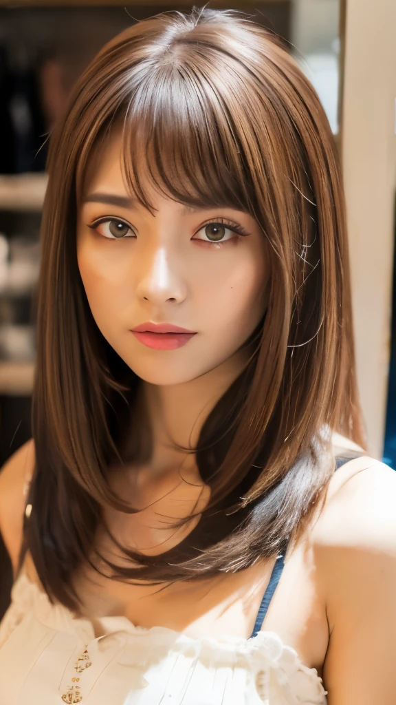 Best quality, 8k, ,Masterpiece :1.3)), facing viewer,((full body1.2)) ,pretty woman, wide shot ,1girl, , selfie , , Hair salon, brown hair , bangs,ultra-detailed face, highly detailed lips, detailed eyes, double eyelid